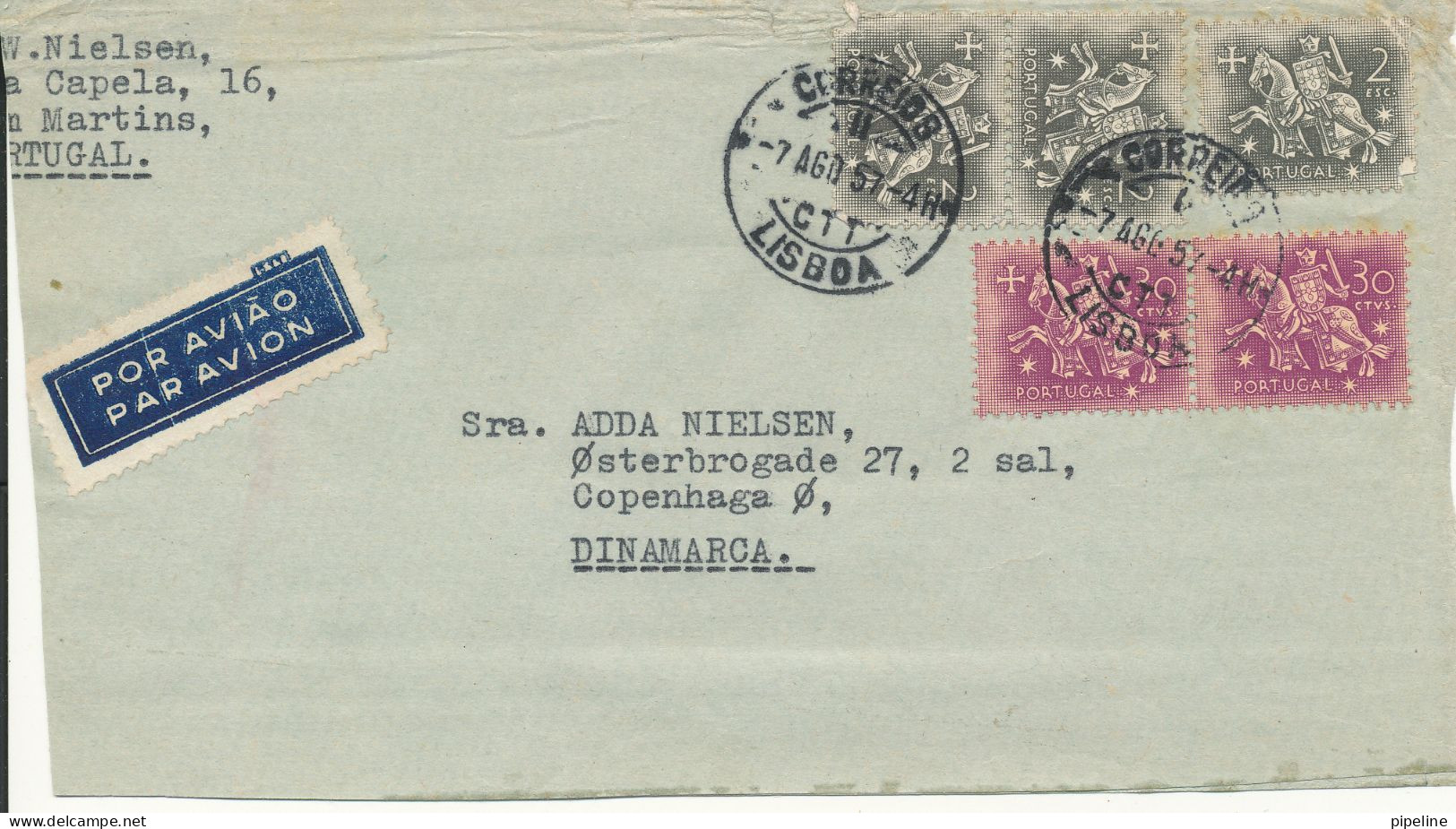 Portugal Air Mail Cover Sent To Denmark 7-8-1957 (the Cover Is Cut On 3 Sides) - Lettres & Documents