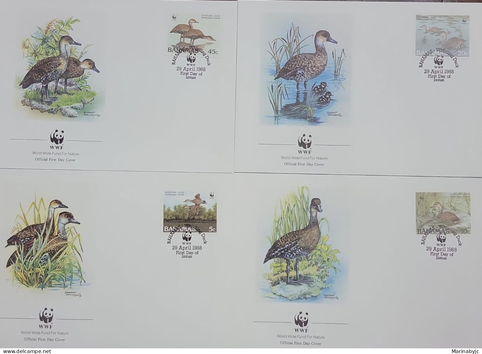 D)1988, BAHAMAS, SET OF 4 FIRST DAY COVERS, ISSUE, WORLD FUND FOR THE PROTECTION OF NATURE, WWF, EL SURIRÍ YAGÜAZA, DEND - Bahamas (1973-...)