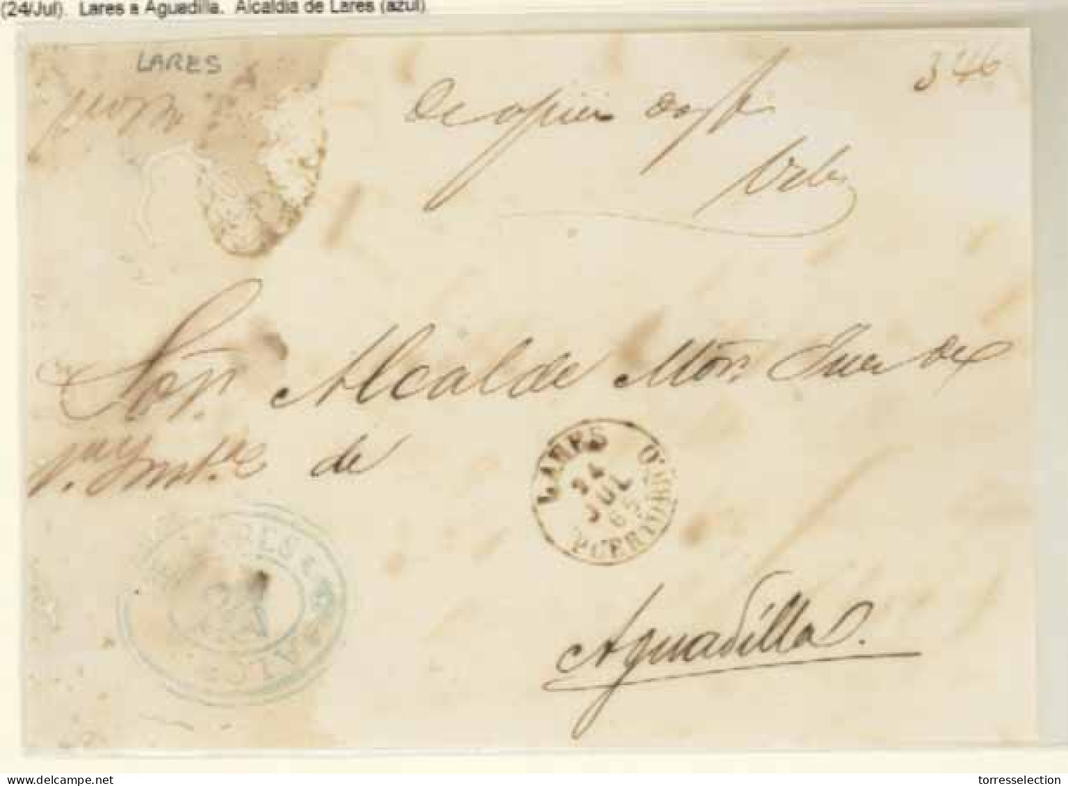 PUERTO RICO. 1865 (24/Jul).  Lares A Aguadilla.  Alcaldia De Lares (azul). - Porto Rico