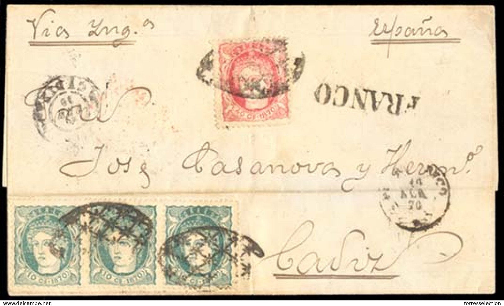 PUERTO RICO. 1870 (19 Abril). PUERTO RICO - GREAT BRITAIN Offices - SPAIN. Antillas. Ed. 19º (3), 21º. San Juan A Cadiz  - Porto Rico