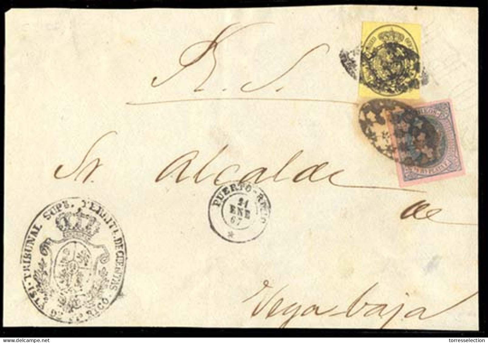 PUERTO RICO. 1867 (21 Enero). Esp. Ed. 35º, Ant. Ed. 10º. San Juan A Vega Baja. Frente Oficial Con Franqueo Mixto De SAL - Puerto Rico