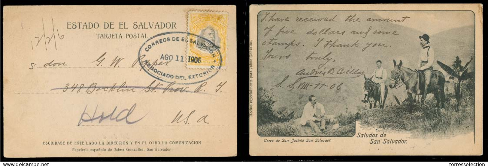 SALVADOR, EL. 1906 (11 Ago). Salvador - USA. Fkd PR 3c Yellow Stamp / Oval Cachet. Nice Cond. - Salvador