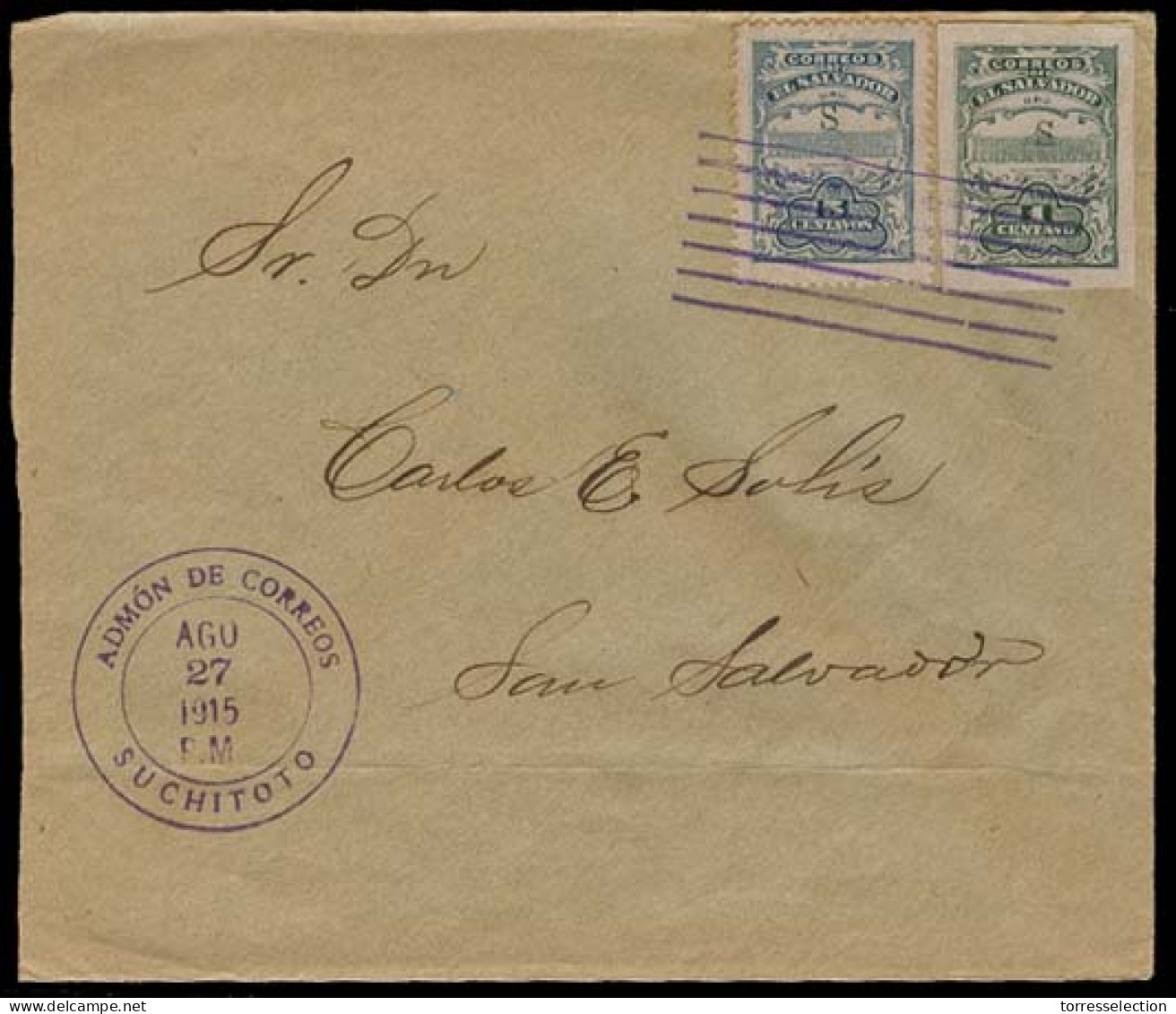 SALVADOR, EL. 1915. Suchitoto - Salvador. Official Internal Mail 1c + 5c Imperf. "S". XF. Scarce. - Salvador