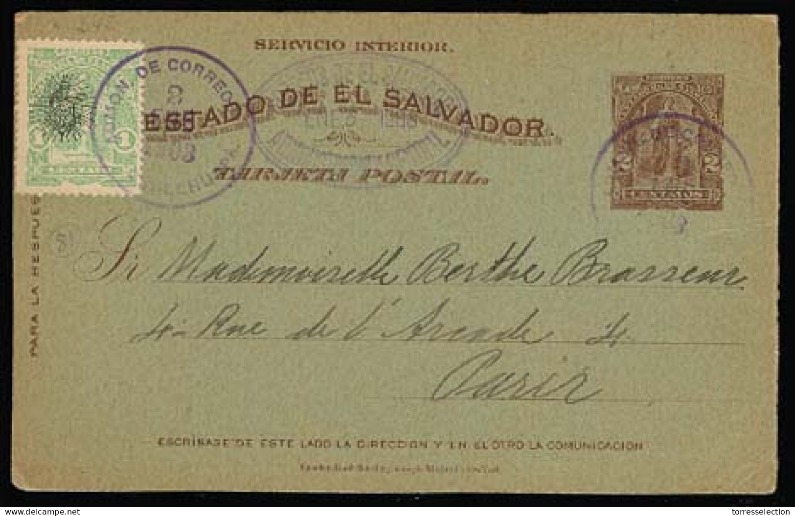 SALVADOR, EL. 1903. Chalchuapa - France. 2c Stat Card + Adtl. VF. - Salvador