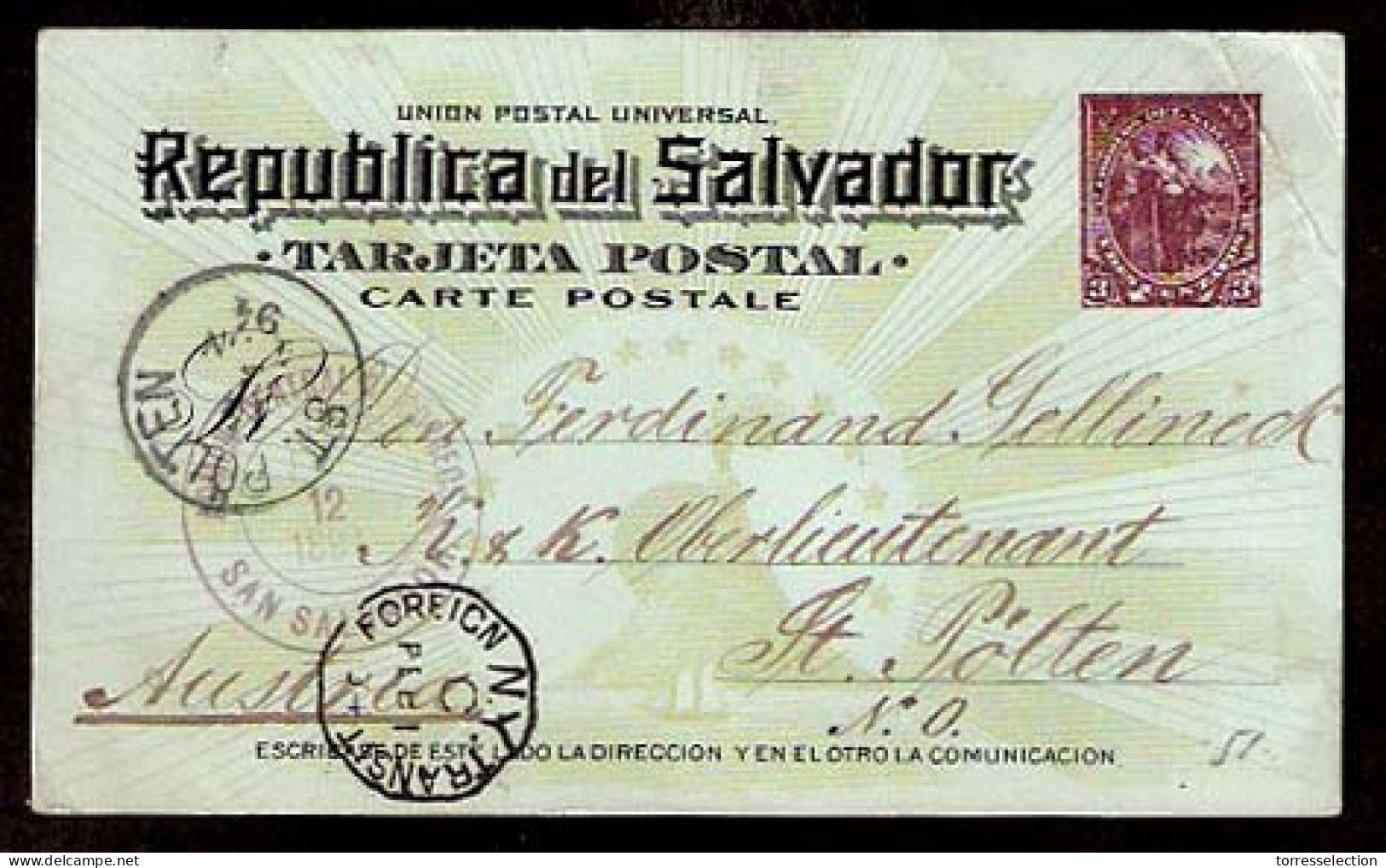 SALVADOR, EL. 1894. Salvador - Austria. 3c Stat Card / Transits NY. - Salvador