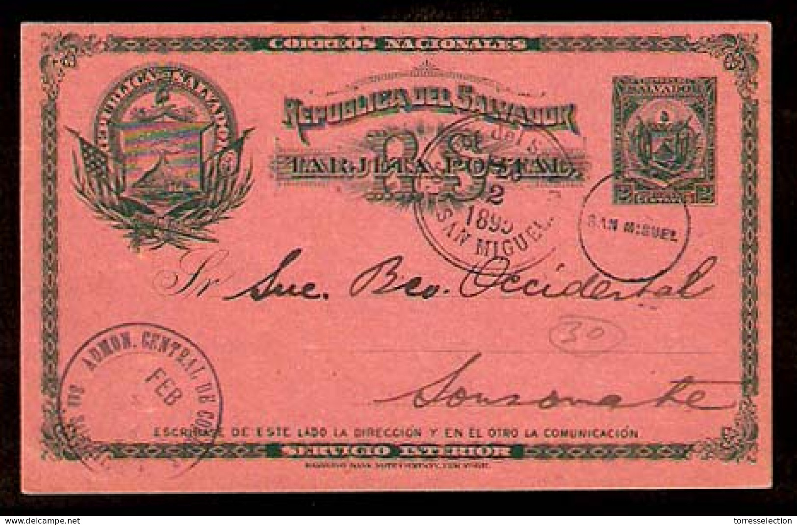 SALVADOR, EL. 1895. San Miguel - Sonsonate. 2c. Stat Card. Fine. Used. - Salvador