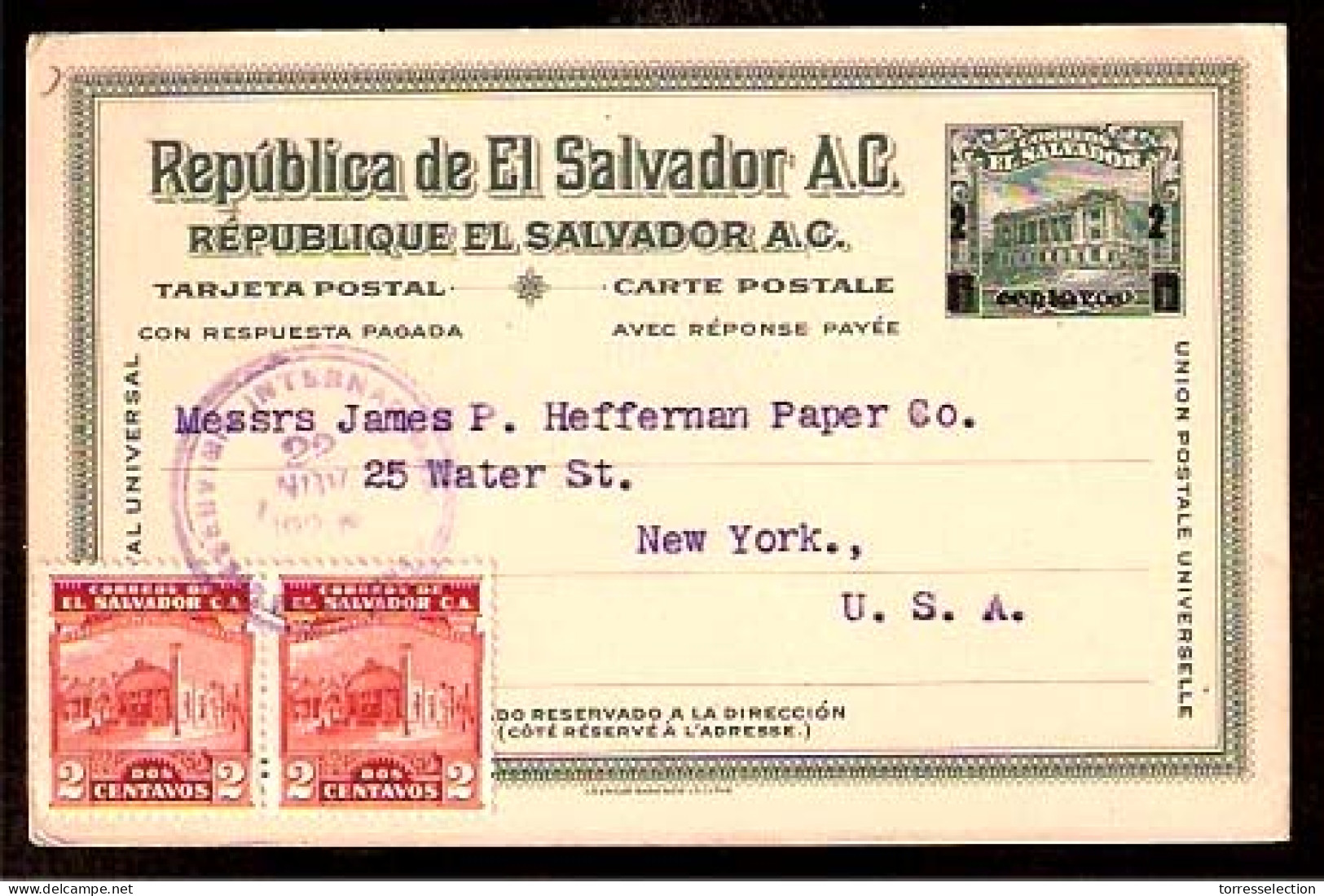 SALVADOR, EL. 1927. Salvador - USA. Ovptd Stat Card + Adtls. - Salvador