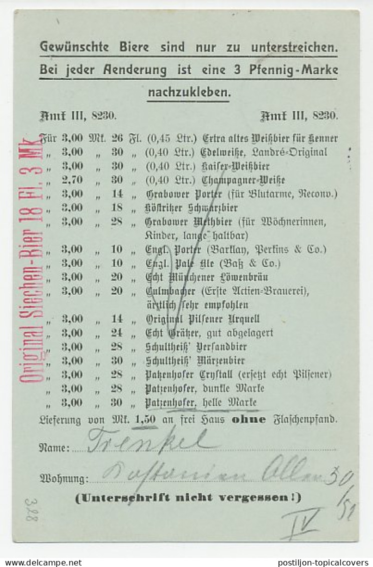 Postal Stationery Germany 1911 Beer - Order Card - Berlin - Riedel And Son - Vinos Y Alcoholes