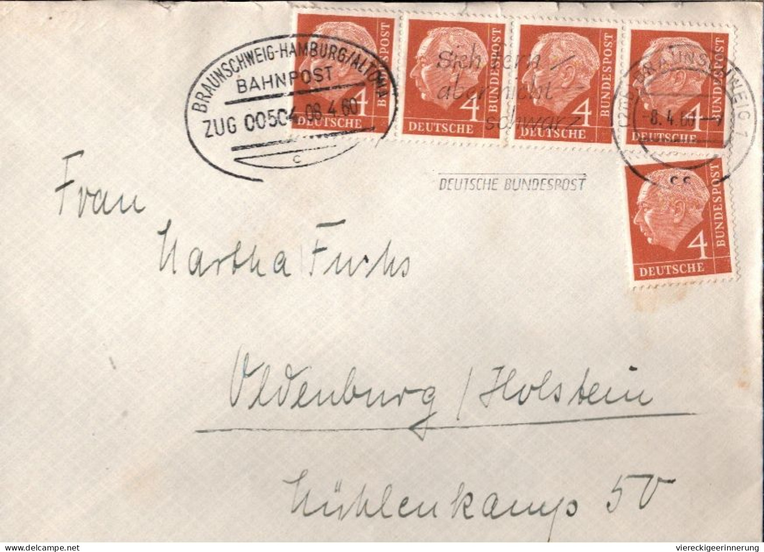 ! 1960 MeF 4 Pfg. Heuss, 4er Streifen Bahnpoststempel Braunschweig-Hamburg Altona - Covers & Documents