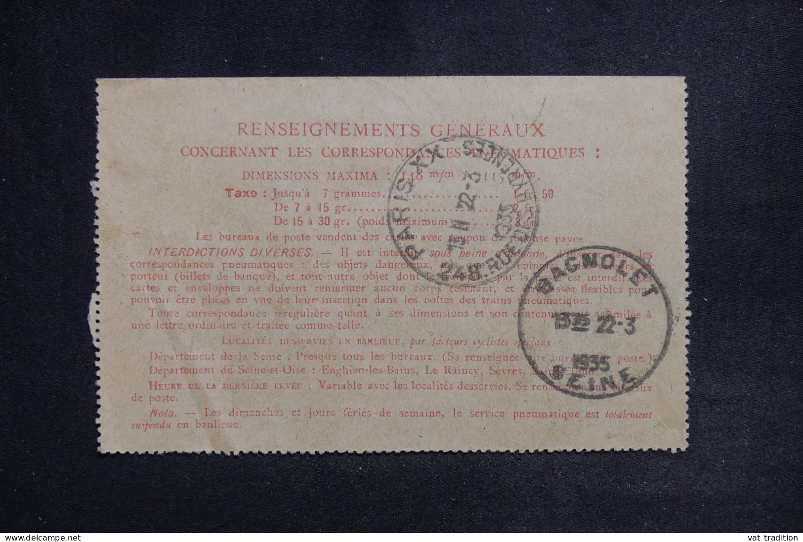 FRANCE - Entier Postal Pneumatique De Paris Pour Bagnolet En 1935 - L 150728 - Pneumatic Post