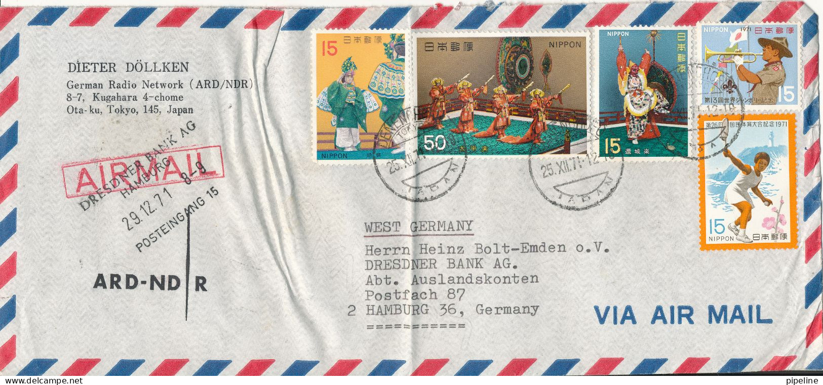 Japan Air Mail Cover Sent To Germany 25-12-1971 With More Topic Stamps Folded Cover - Luchtpost