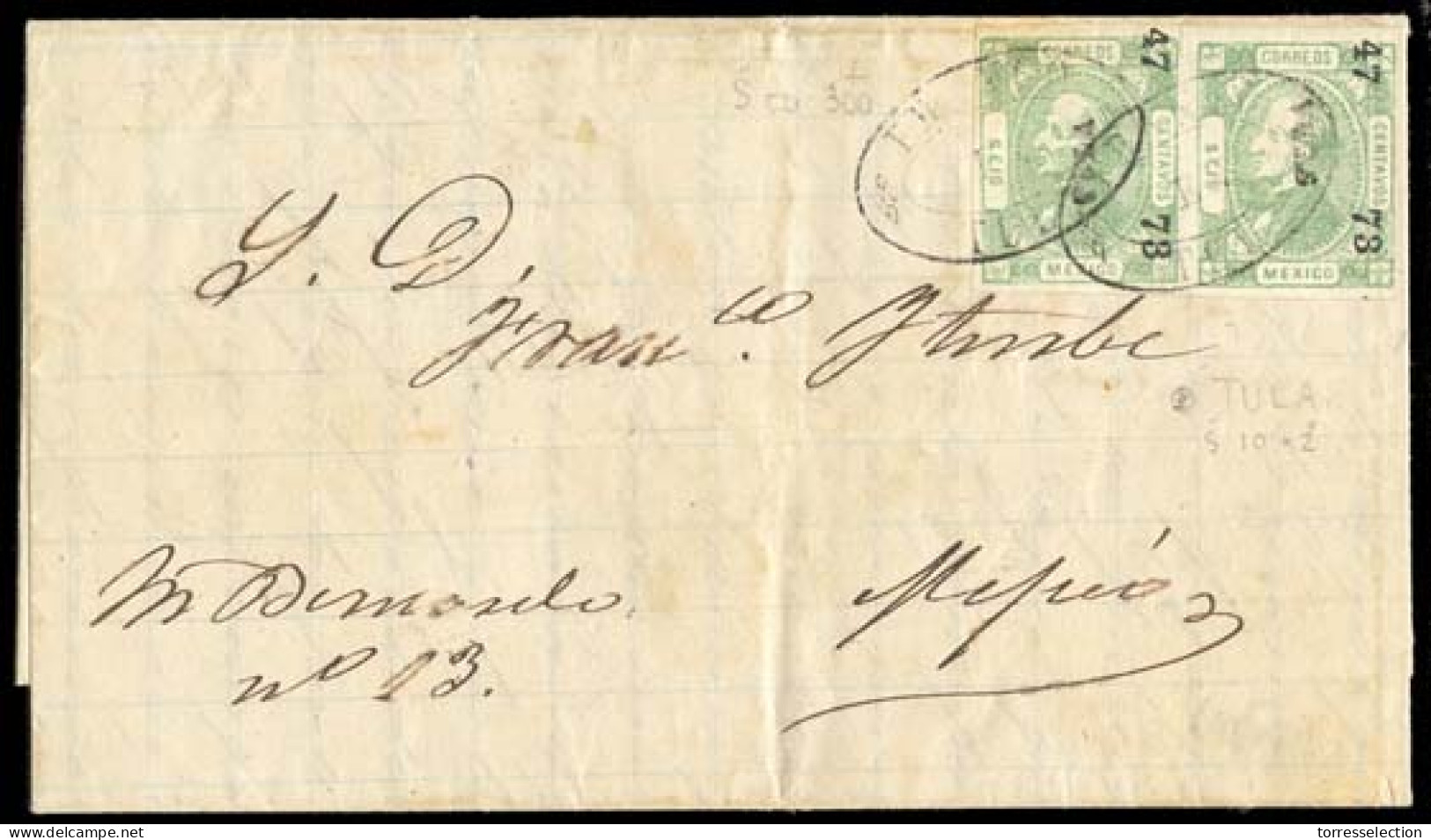 MEXICO. 1873 (13 Aug.). Sc. 93º (2). Tlahuelilpa To Mexico City. E. Franked 6c Green Imperf. Horizontal Pair 47-73, Tula - Messico