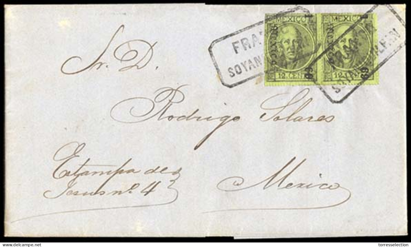 MEXICO. 1870 (25 Nov.). 66º (2). San Antonio To Mexico City. EL. Franked 1868 12c, Thick Figures, Horizontal Pair Perf.  - Messico