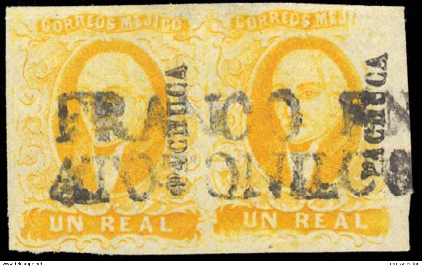 MEXICO. Sc. 2º (2). 1856 1rl Yellow Horizontal Pair. Pachuca District, Fco / ATOTONILCO (xxx / 10 Points) On The Nose Ca - Messico