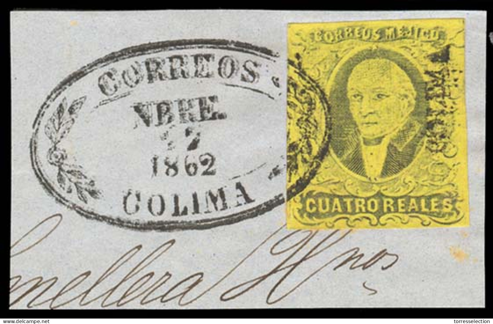 MEXICO. Sc. 9º. 1861 4rs Black/yellow, Good Margins. COLIMA DISTRICT, Bottom To Top At Left. Beautifully Tied On Piece B - Messico