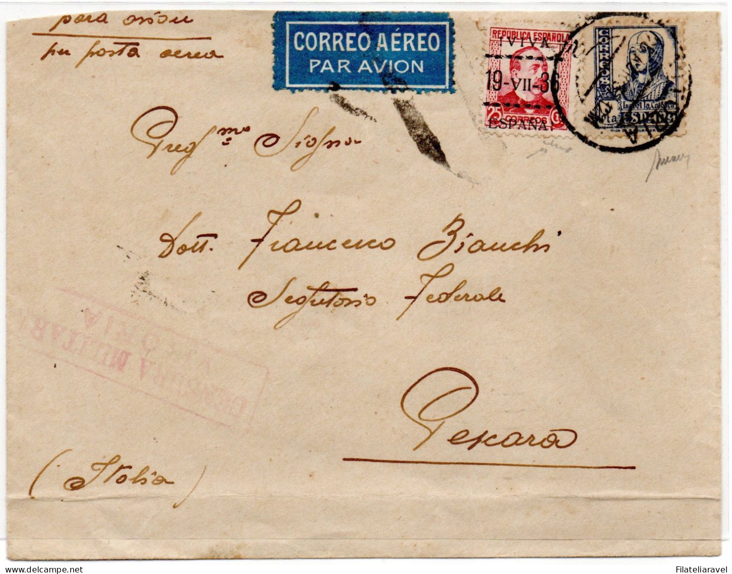 Spagna - 1936 - Lettera Di Posta Aerea Indirizzata A Pescara (Italia), Censura Militare. Firmata Chiavarello/Merone - Briefe U. Dokumente