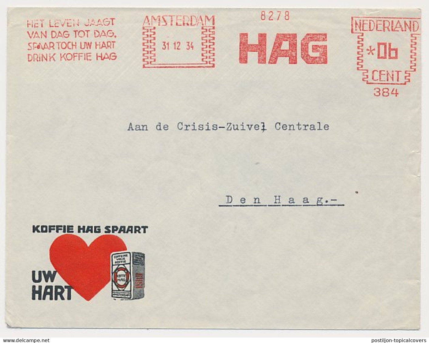Meter Cover Netherlands 1934 Coffee - Hag - Amsterdam - Sonstige & Ohne Zuordnung