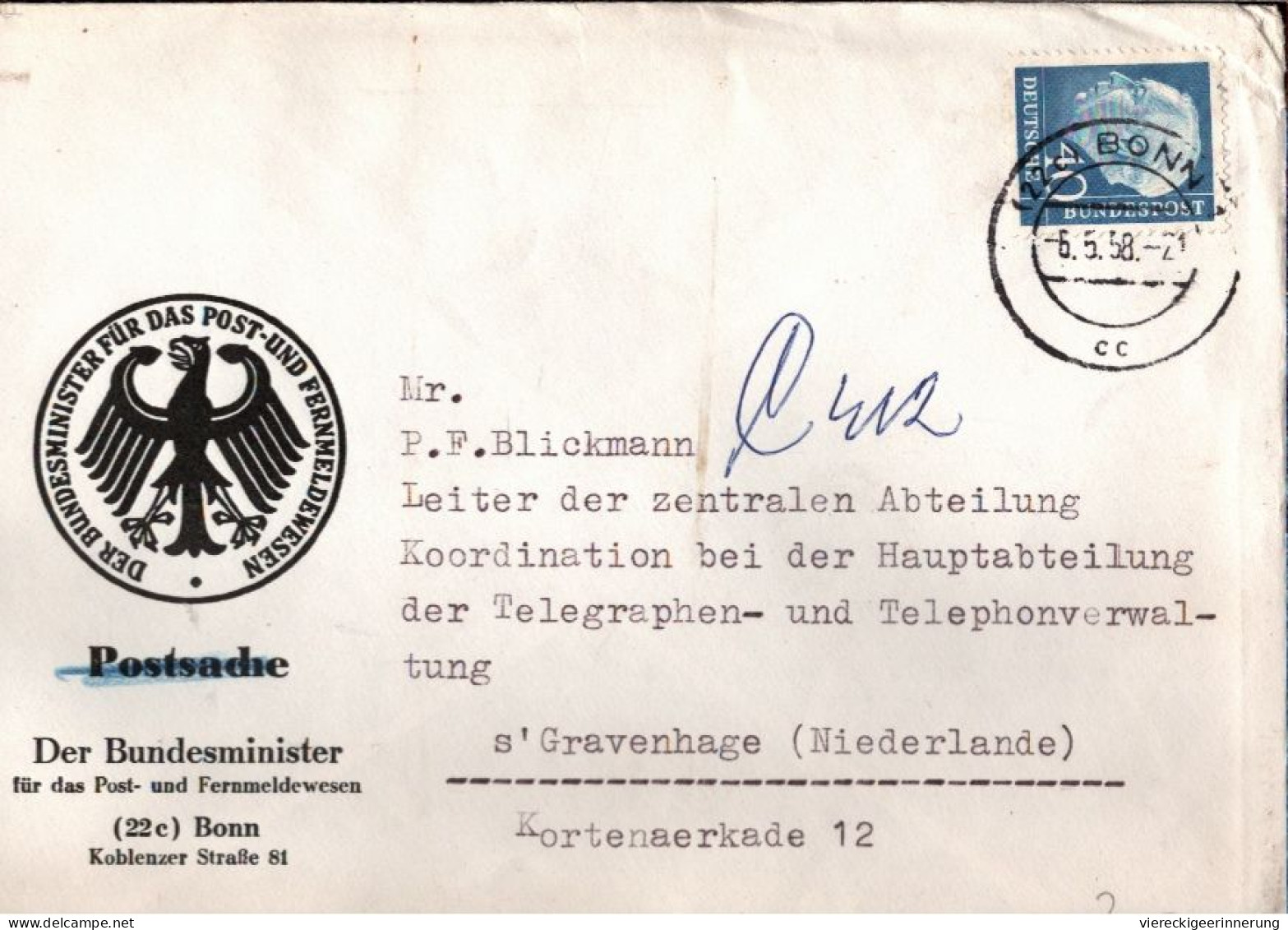 ! 1958 EF 40 Pfg. Heuss, Aus Bonn In Die Niederlande, Postministerium - Storia Postale