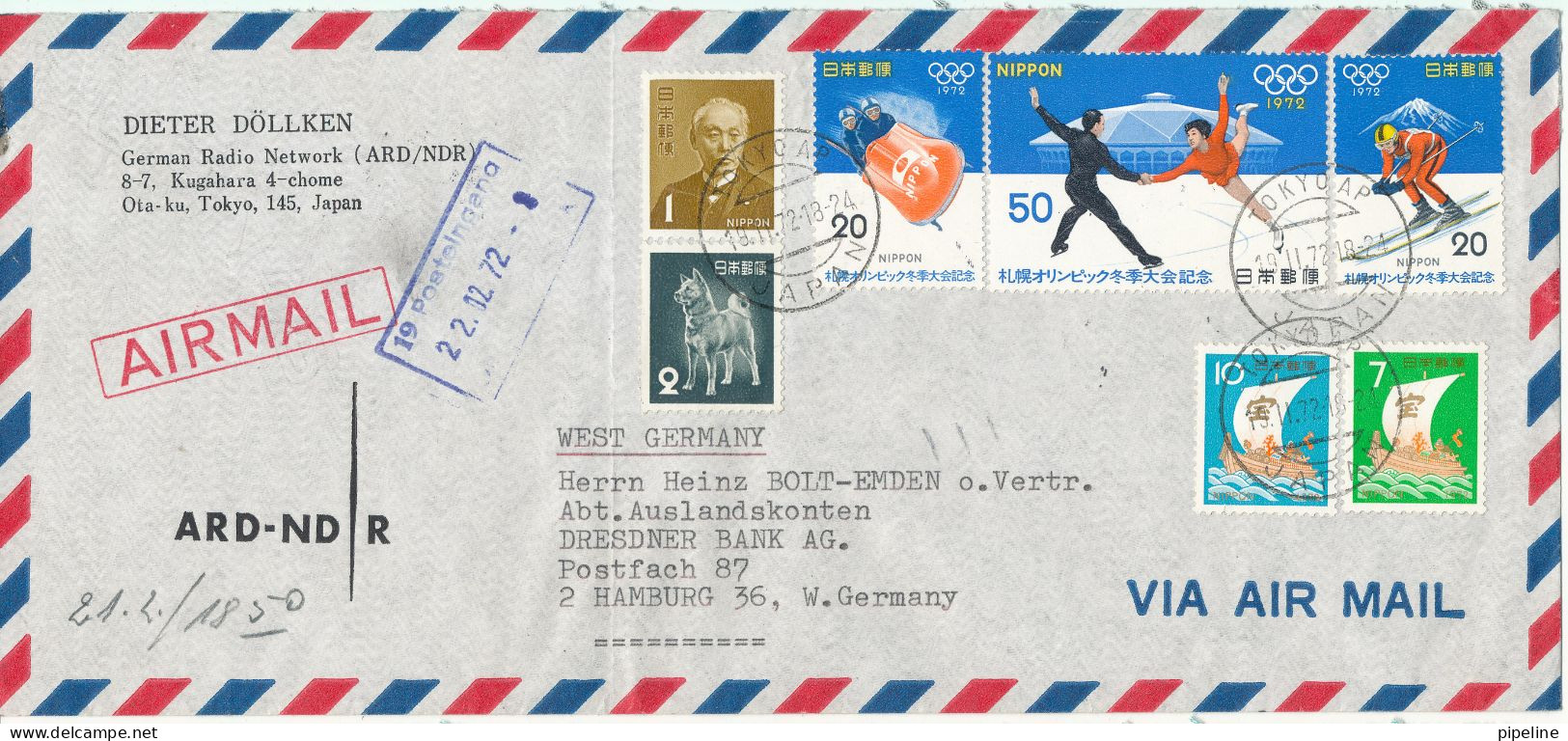 Japan Air Mail Cover Sent To Germany 19-2-1972 With More Topic Stamps Folded Cover - Airmail