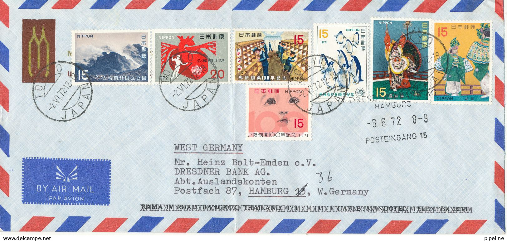 Japan Air Mail Cover Sent To Germany 2-6-1972 With More Topic Stamps Folded Cover - Luchtpost