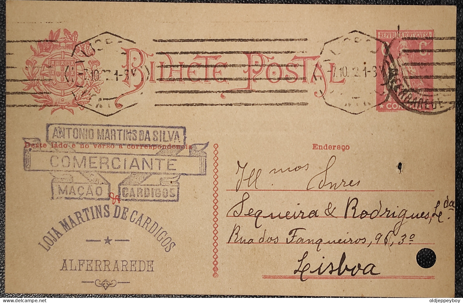 1922 Portugal POSTAL STATIONERY  Bilhete Postal, Carimbo ANTONIO FRANCISCO MACIEIRA (VILA MACIEIRA - ALFERRAREDE) - Lettres & Documents