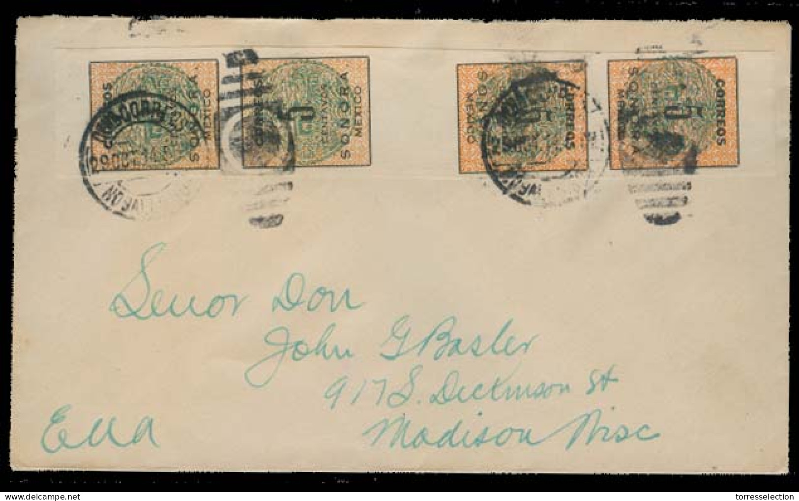 Mexico - XX. 1914 (29 Oct). Nogales - USA. Nonora Provisional 5c Tete Beche Vert Strip Of Four. VF. - México