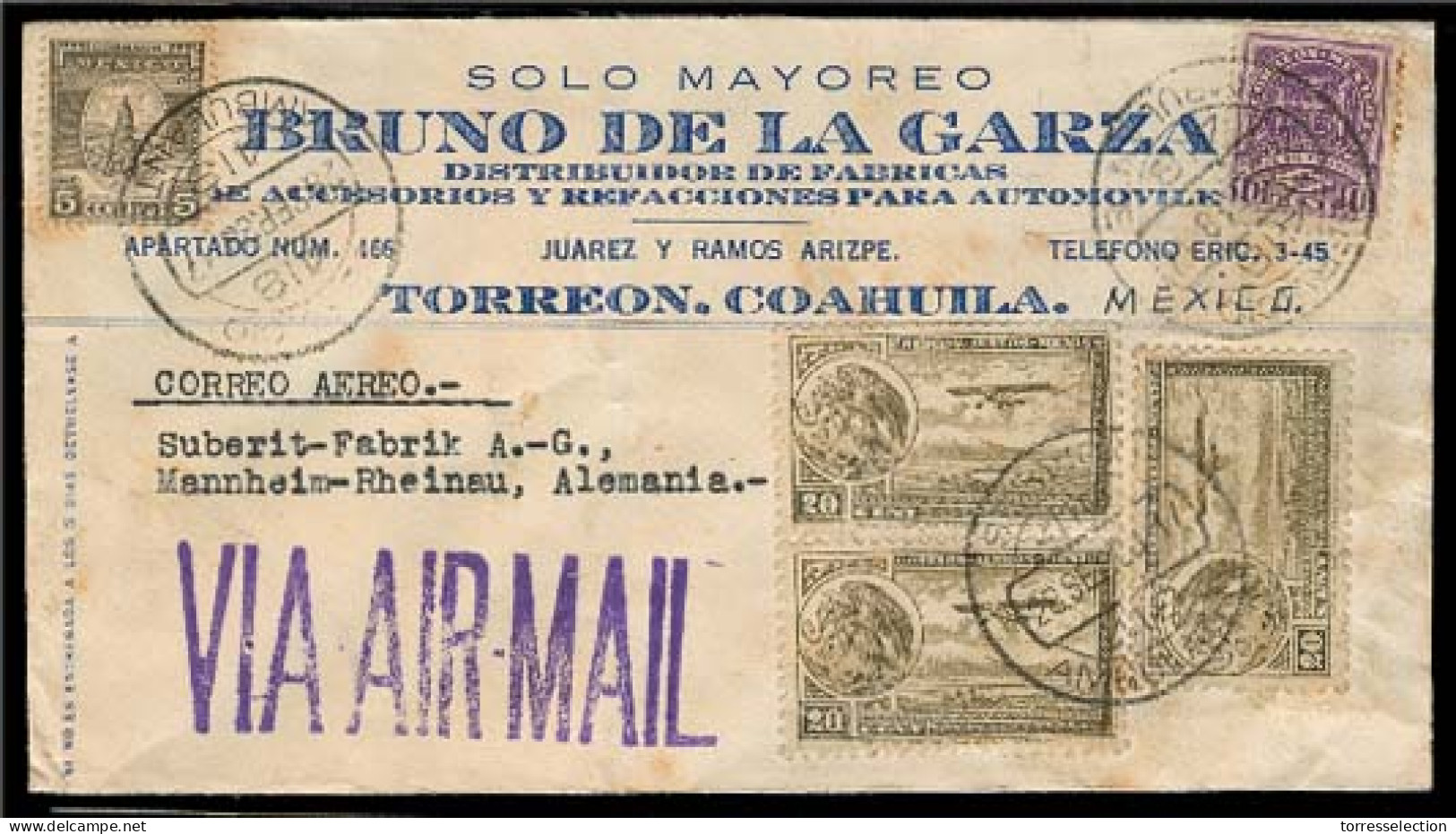 Mexico - XX. 1938 (28 Sept). Torreon / Coah - Germany. Ilustrated De La Garza / Air Multifkd Env / Servicio Ambulante 41 - México