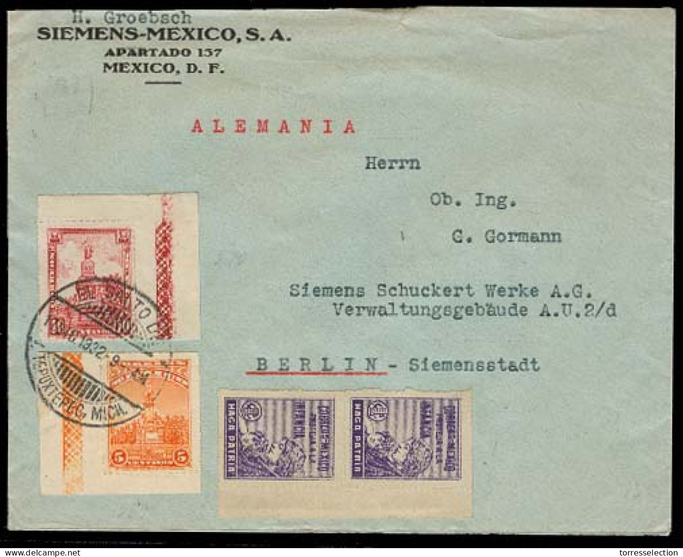 Mexico - XX. 1932 (11 Dec). El Salto De Tepuxtepec / Michoacan - Germany. Multifkd Env. 2 Stamps Corner Of Sheet. - México