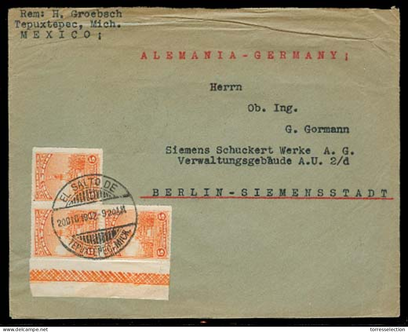 Mexico - XX. 1932 (20 Dec). El Salto De Tepuxtepec / Michoacan - Germany. Fkd Env 5c X 3 Margin Border With Impont. Spec - México