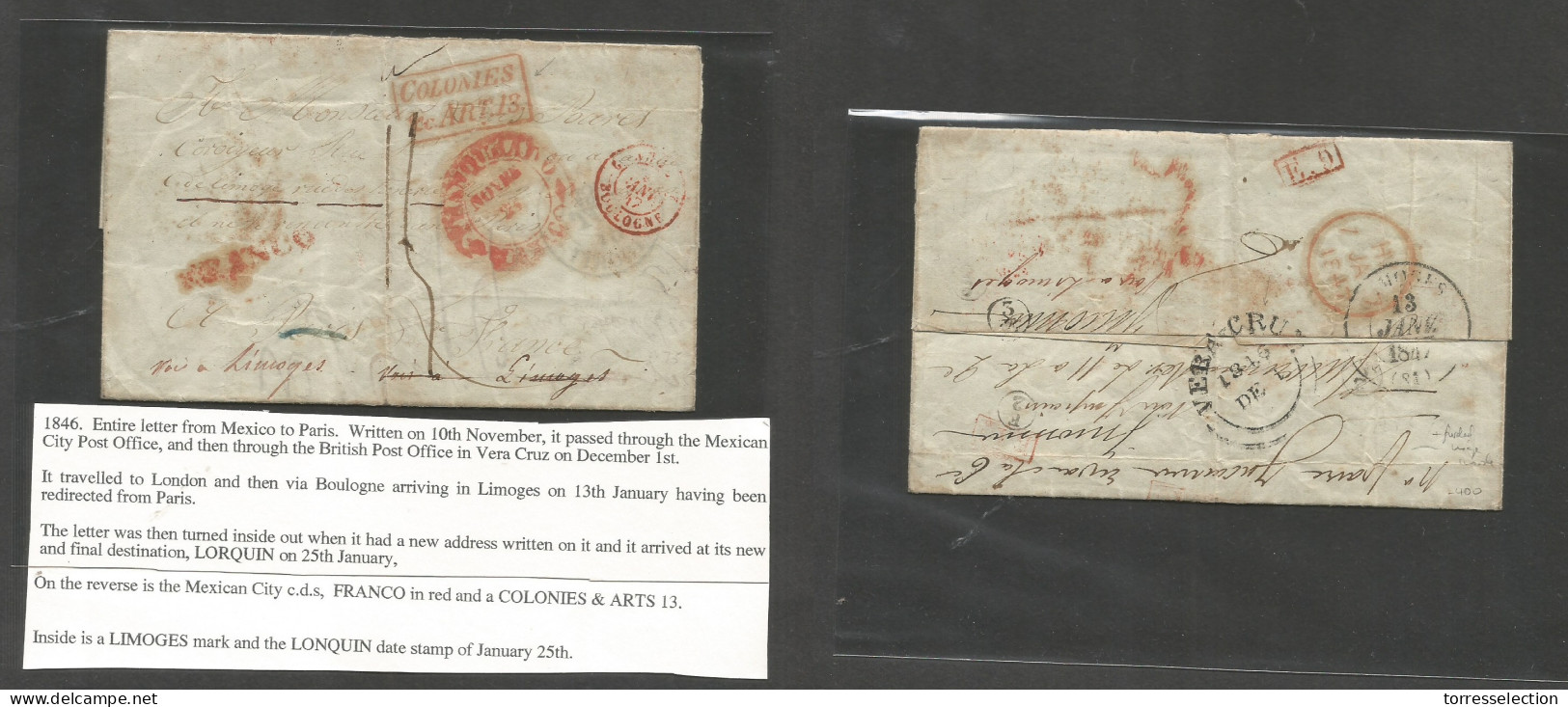 MEXICO - Stampless. 1846 (10 Nov) DF - France, Limoges (13 Jan 47) EL Full Contains, Depart Red Mexico Cds + Franco + BP - México