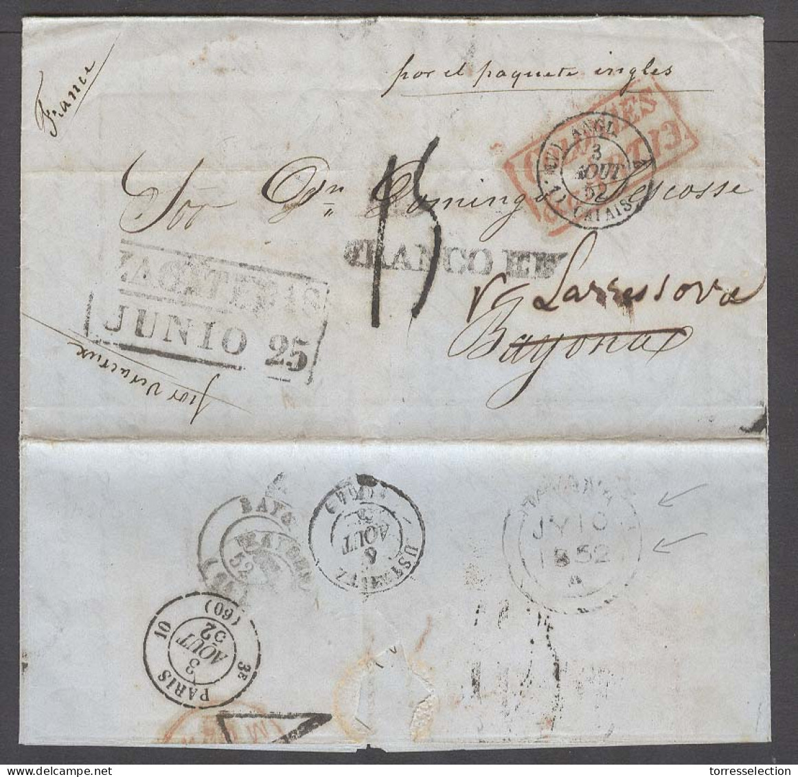 MEXICO - Stampless. 1852 (25 June). CUBA Transit - Maritime  -British BPO. Zacatecas - France / Bayone. EL Fco / Zacatec - México