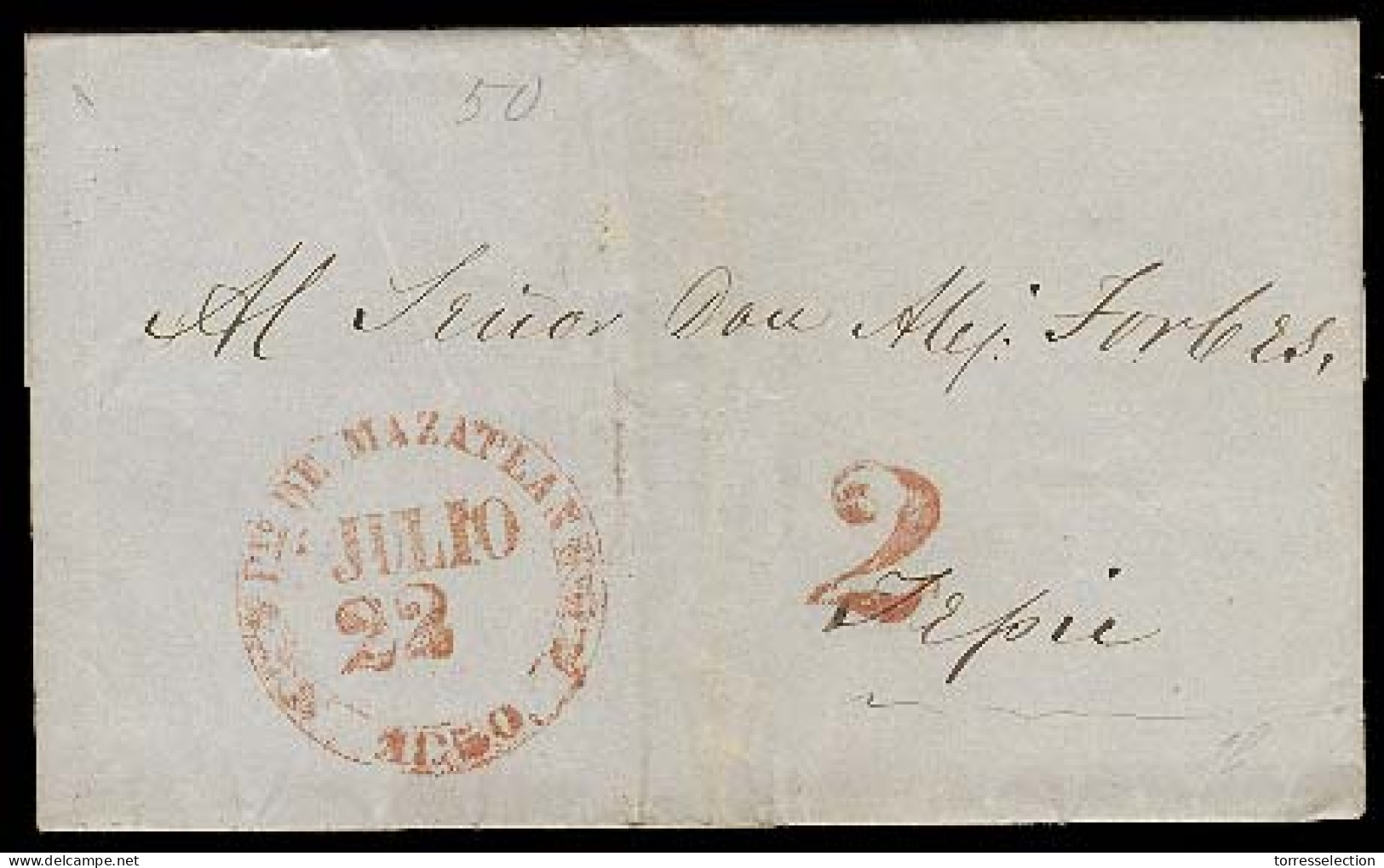 MEXICO - Stampless. 1850. Ptº Mazatlan - Tepia. E. Red Ds + 2. VF. - México