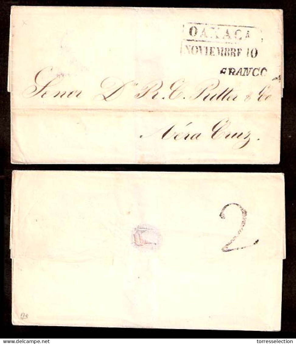 MEXICO - Stampless. 1860. Oaxaca - Veracruz. E. Boxed + Franco + "2". Sello Negro. - México