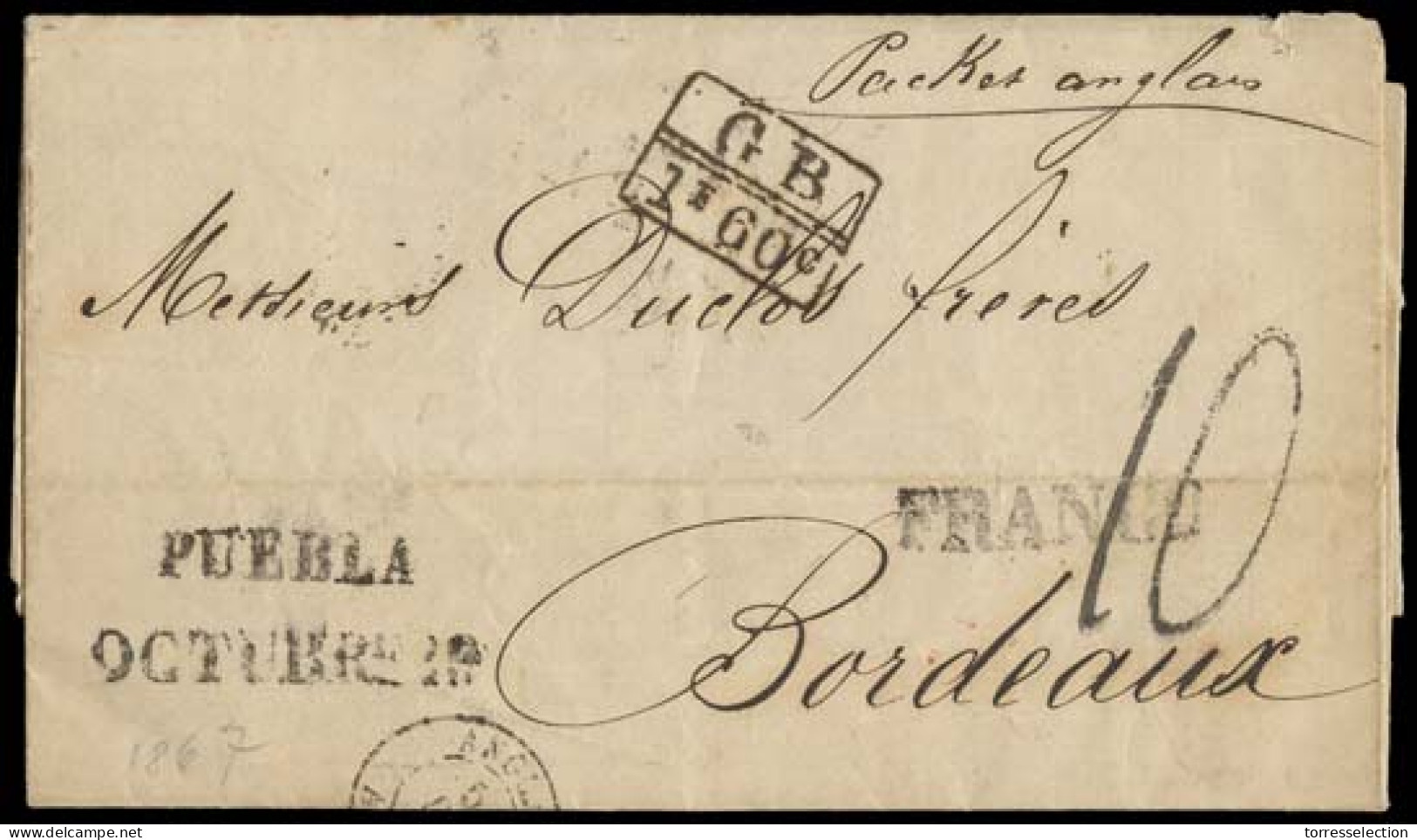 MEXICO - Stampless. 1867 (28 Oct). Puebla - France. Sello Negro Provisional. EL. Full Text "Franco" Cancel And By "Packe - México