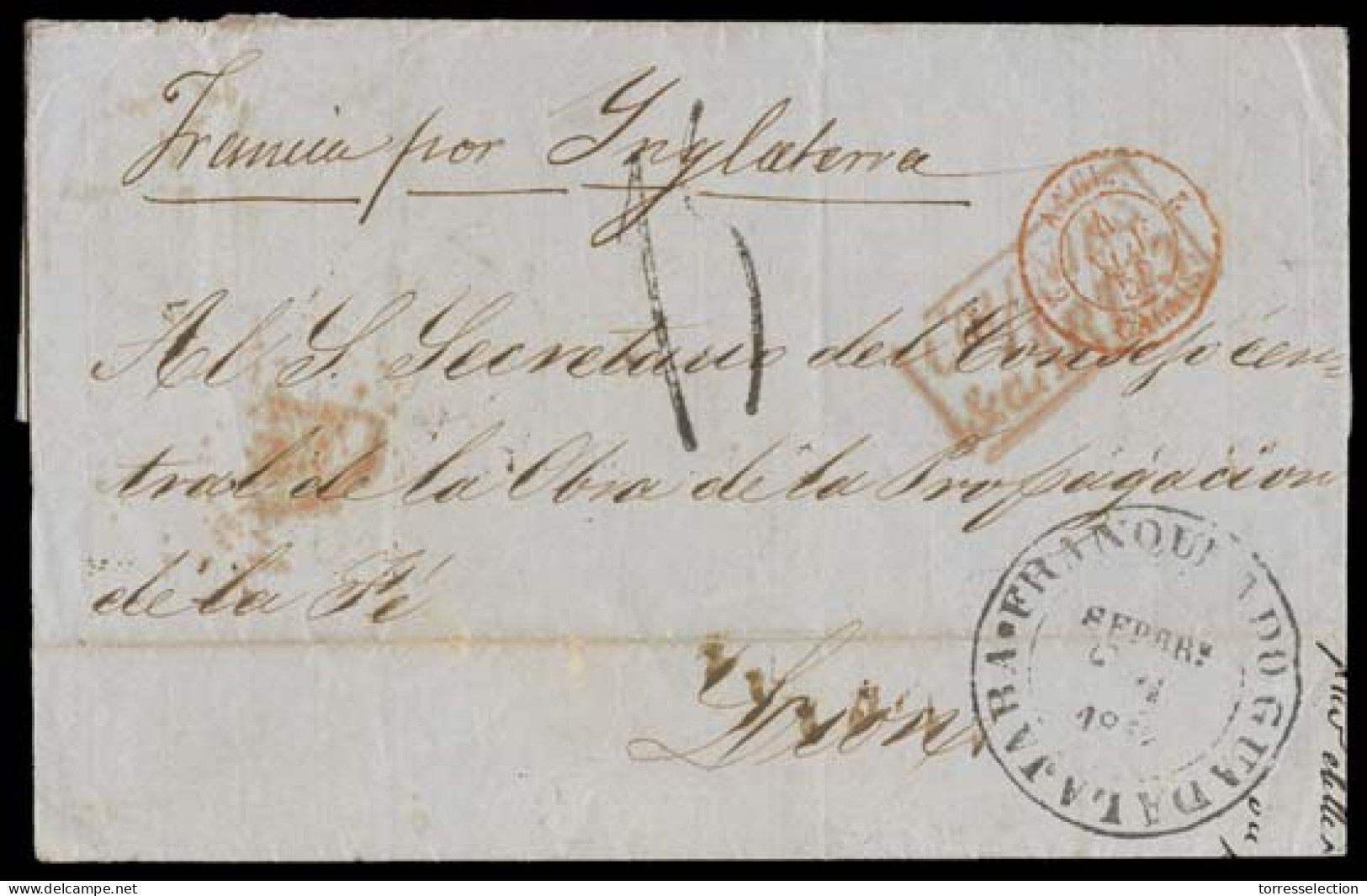 MEXICO - Stampless. 1852 (2 Sept). Guadalajara - FRANCE. EL Full Text "Franqueado / Guadalajara" Cds Mexico Post Adminis - México