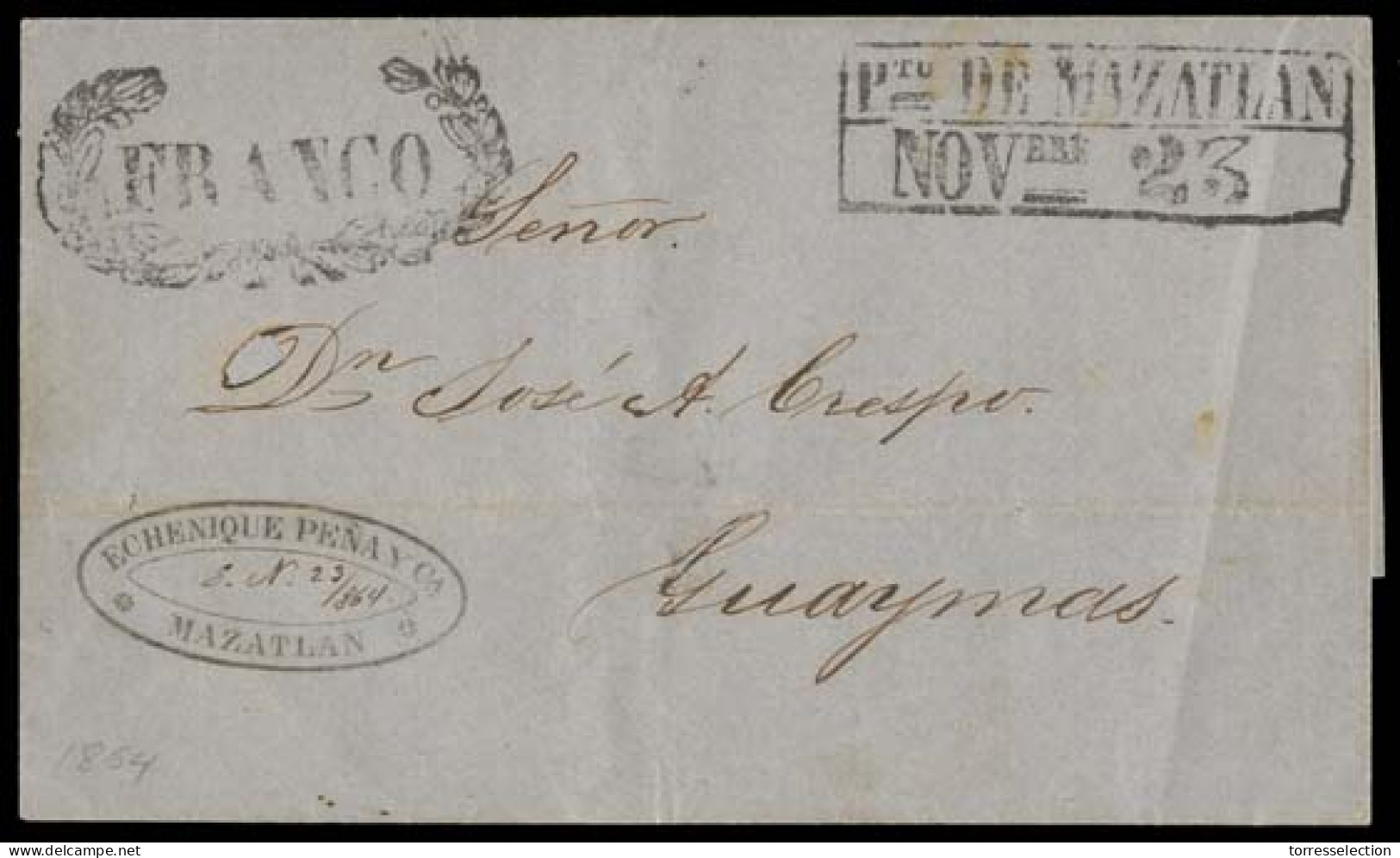 MEXICO - Stampless. 1864 (26 Oct). Mazatlan - Guaymas. Sello Negro + Maritime. West Coast Maritime Ship Link. Letter Cov - México