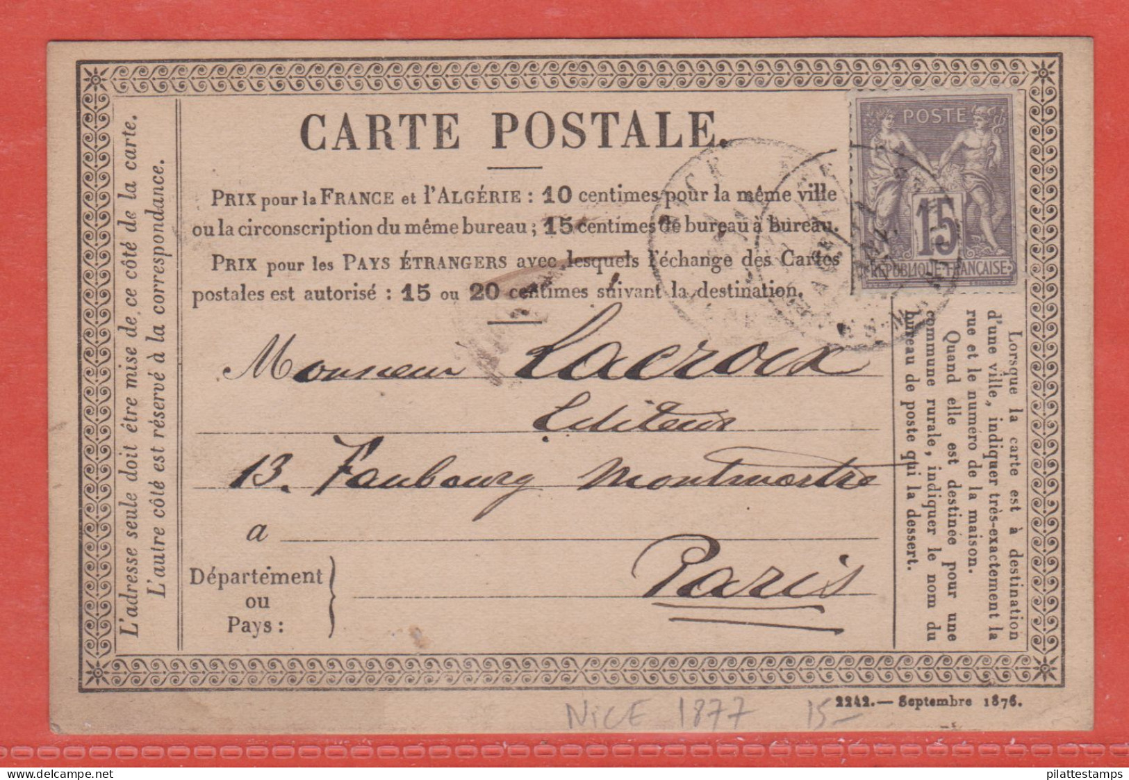 FRANCE CARTE PRECURSEUR DE 1877 DE NICE POUR PARIS - Cartoline Precursori