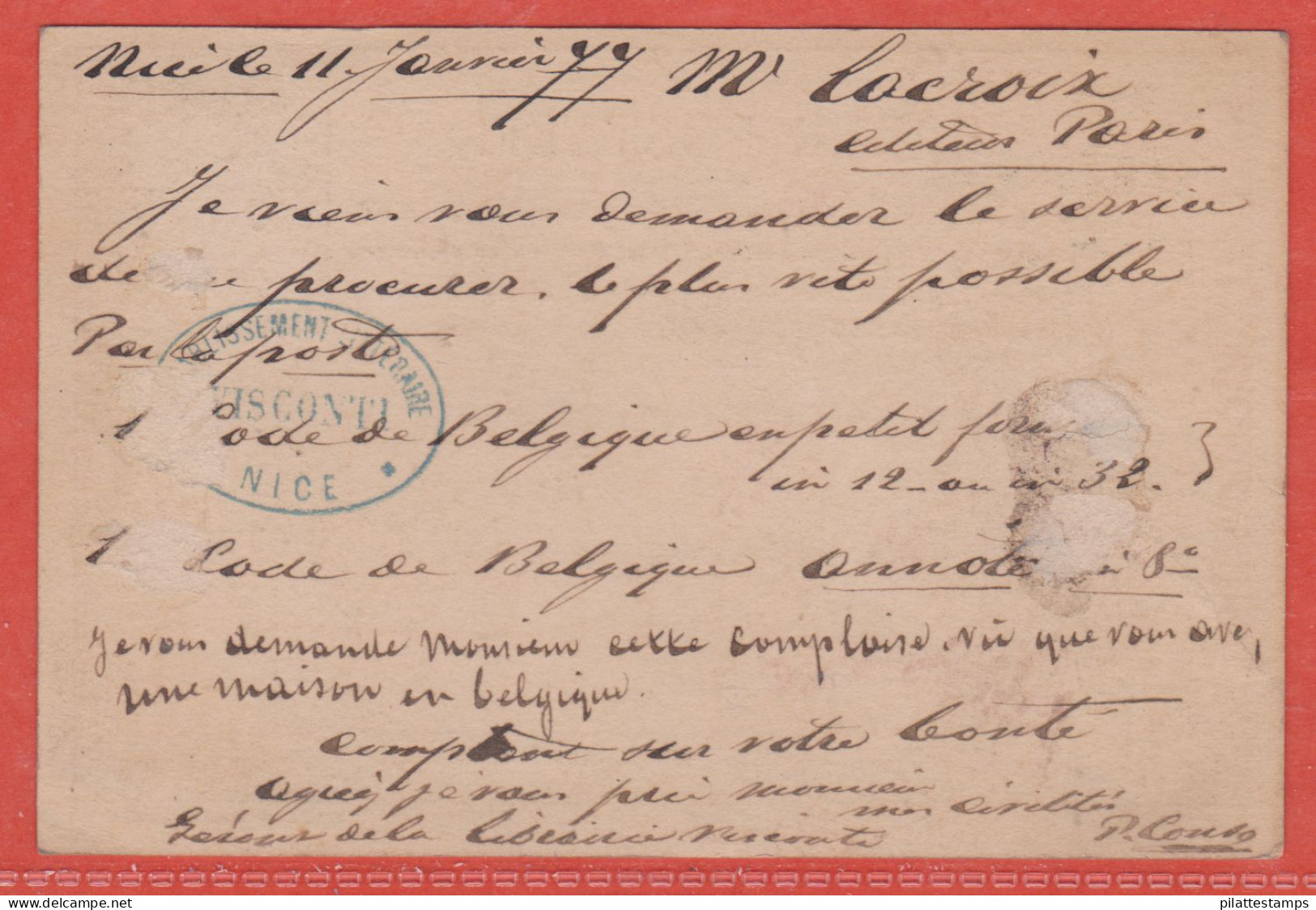 FRANCE CARTE PRECURSEUR DE 1877 DE NICE POUR PARIS - Cartes Précurseurs