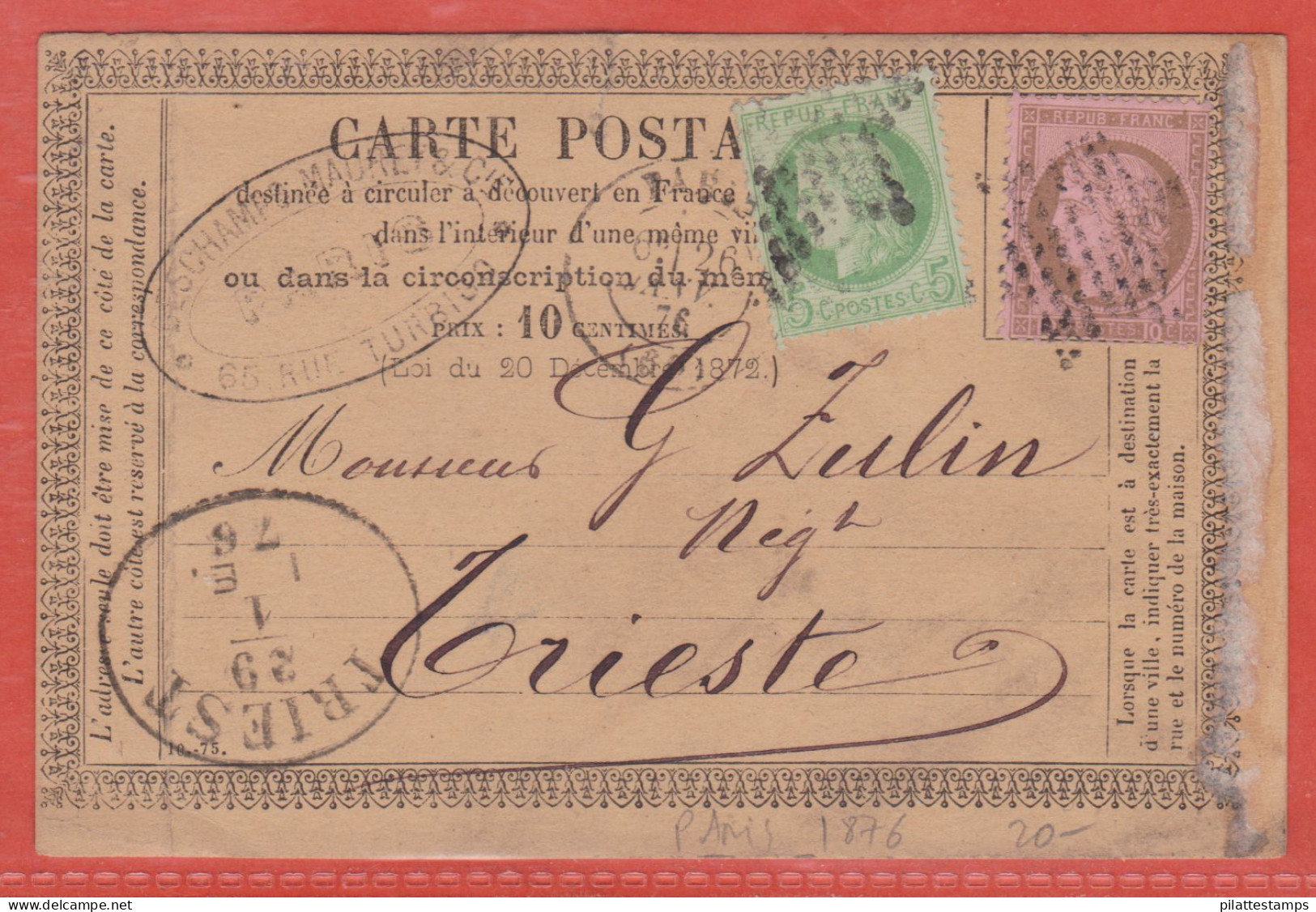 FRANCE CARTE PRECURSEUR DE 1876 DE PARIS POUR TRIESTE (PLI) - Vorläufer