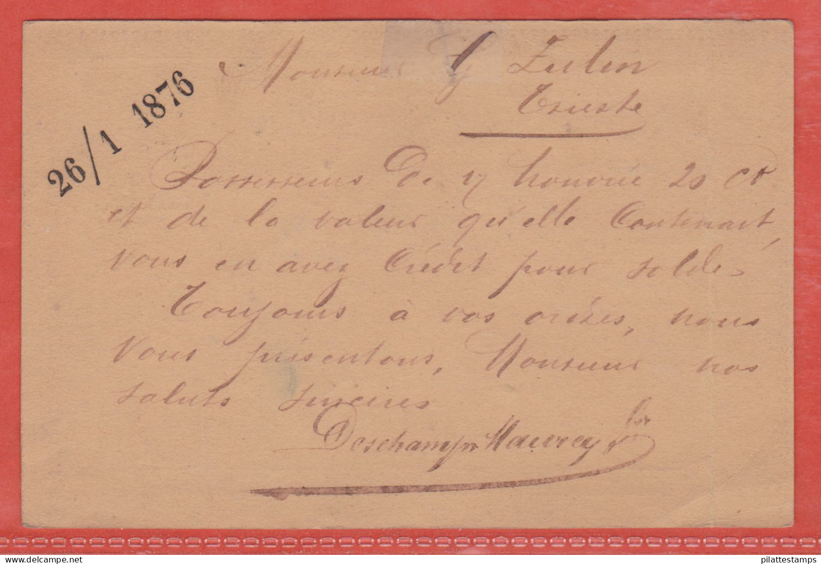 FRANCE CARTE PRECURSEUR DE 1876 DE PARIS POUR TRIESTE (PLI) - Cartes Précurseurs