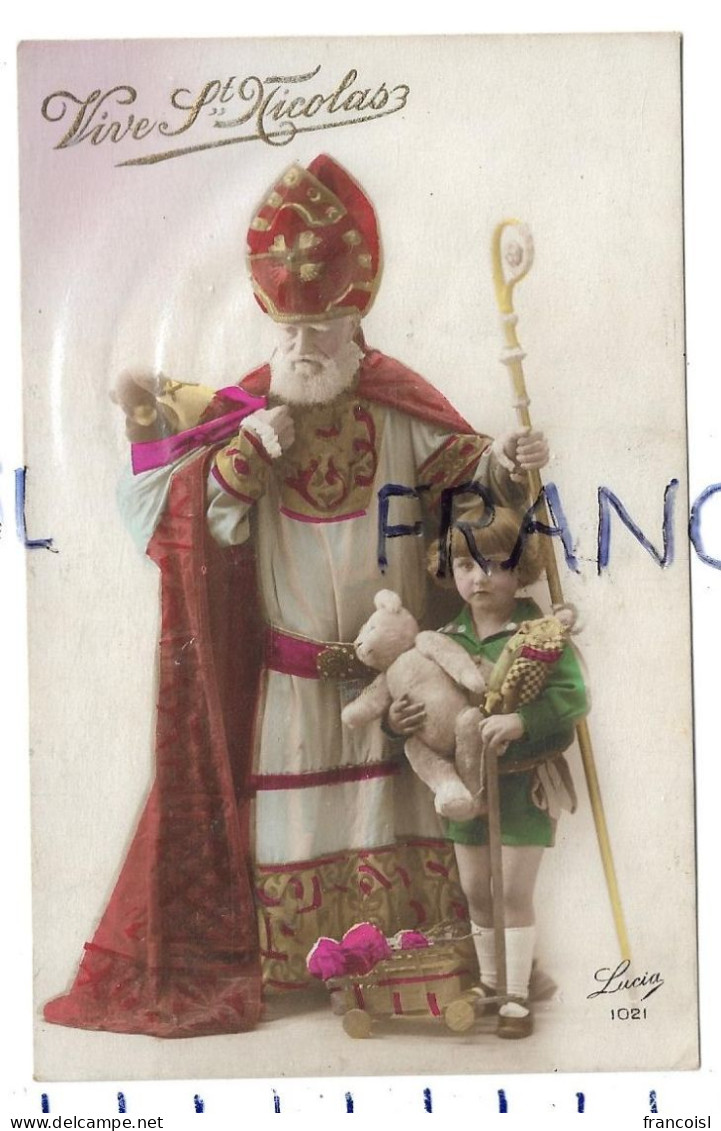 Saint-Nicolas, Crosse, Mitre Et Petit Enfant, Ourson, Cariole De Fleurs:" Vive St-Nicolas " - Saint-Nicholas Day