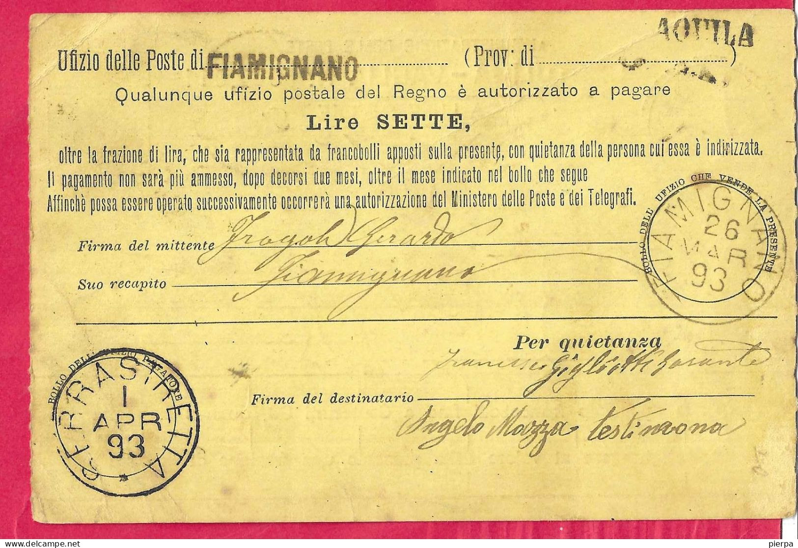 INTERO CARTOLINA-VAGLIA UMBERTO C.15 DA LIRE 7 (CAT. INT. 11) -VIAGGIATA DA BORGOCOLLEFEGATO*22.MAR.93* PER SERRASTRETTA - Postwaardestukken