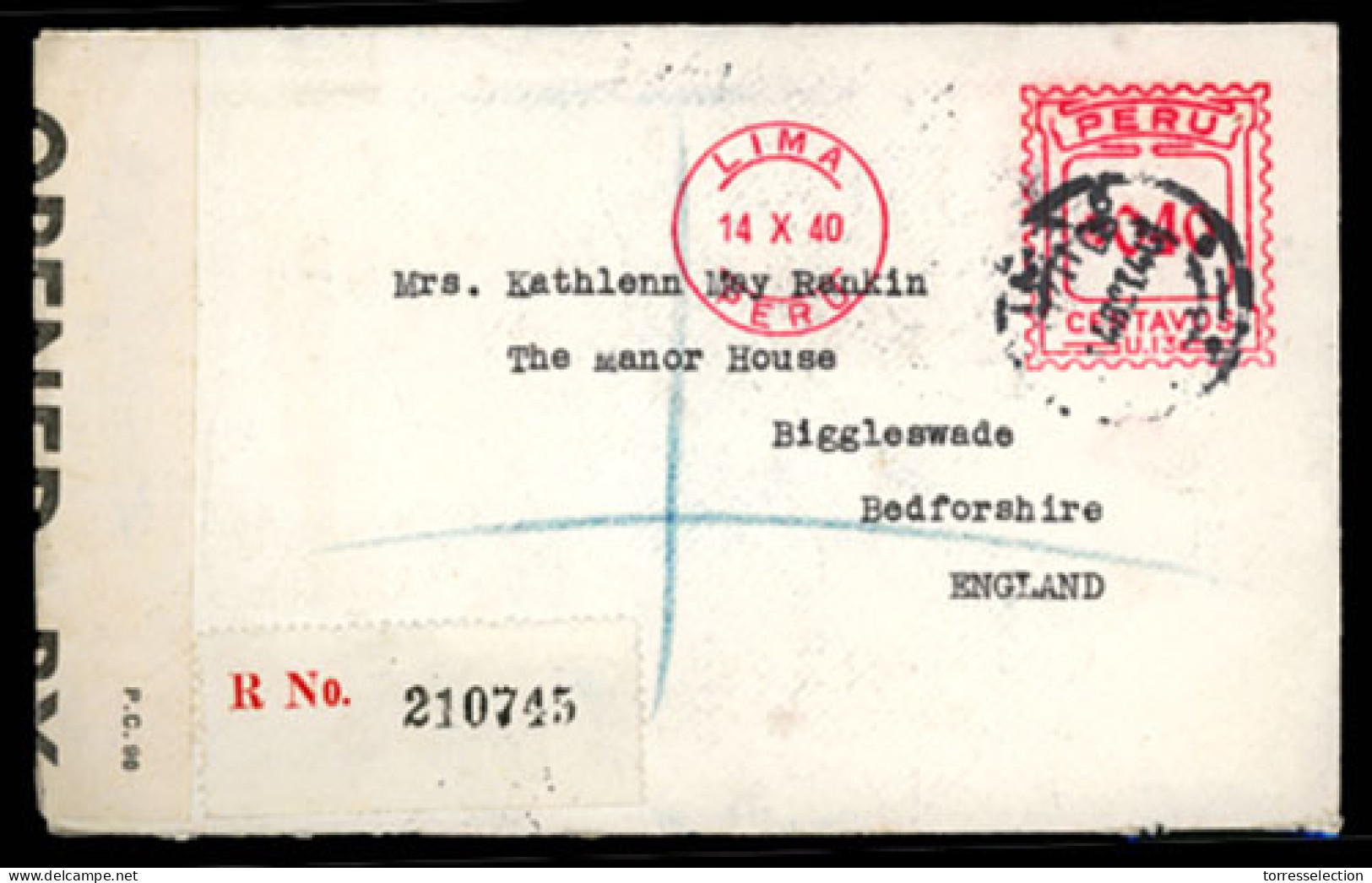 PERU. 1940. Lima To England. Registered Censor Env. Fine. - Pérou