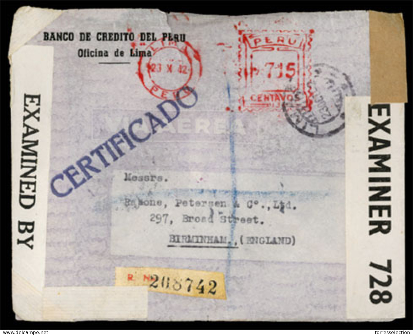 PERU. 1942. WW II. Lima To England. Reg.env.via USA. With 2 Censor Labels. - Pérou