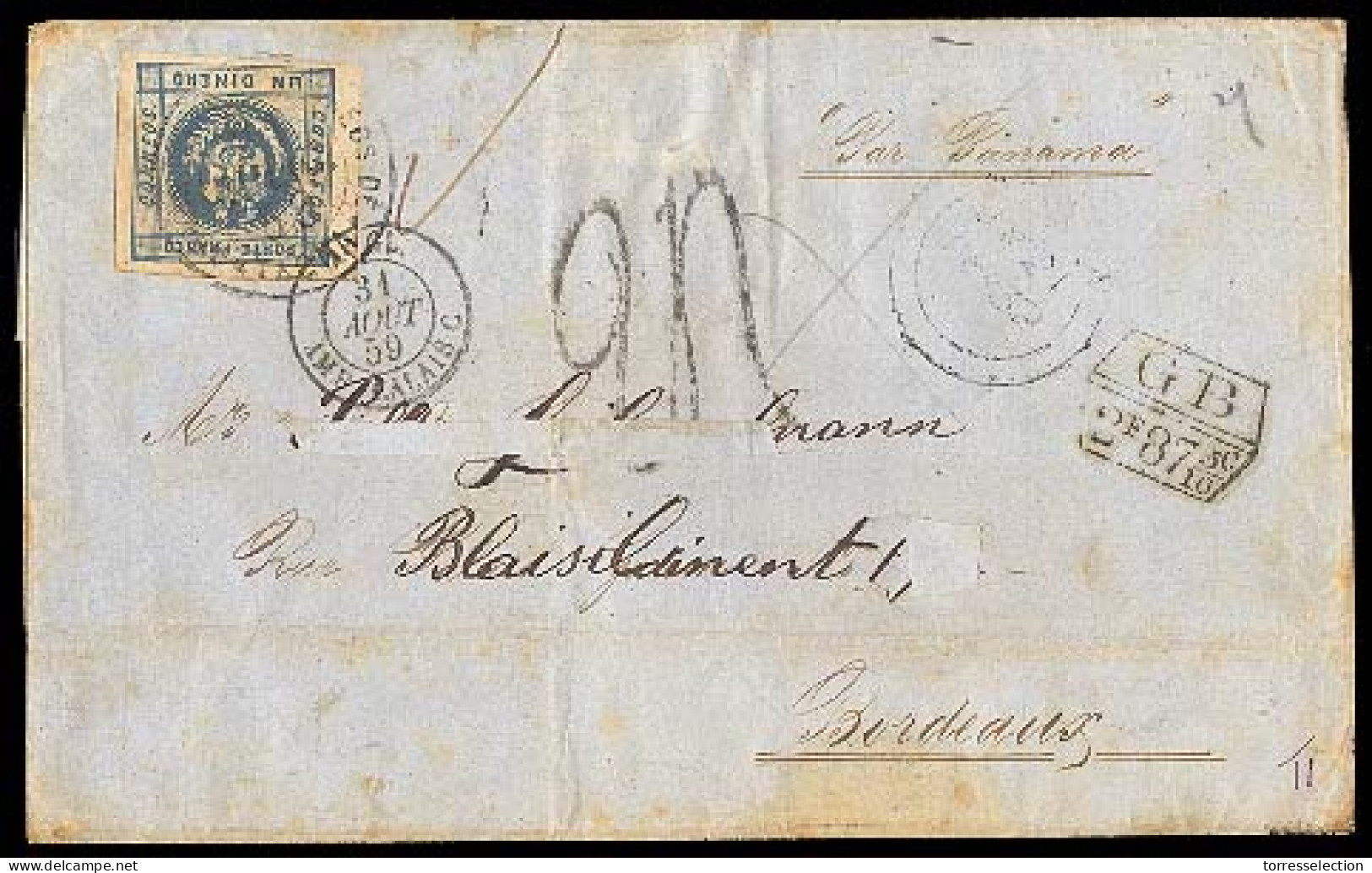 PERU. 1859 (July 21). PERU - Maritime Mail. Tacna  To Bordeaux / France (1 Set). E. Franked 1 Dinero Blue, Very Good Mar - Pérou