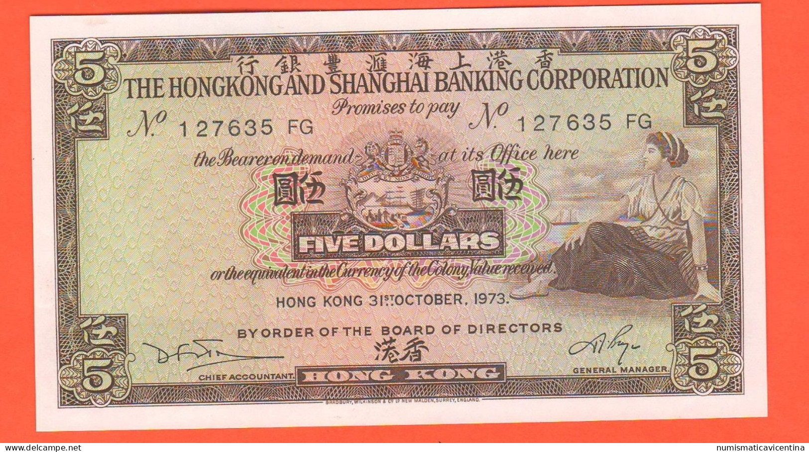 Hong Kong 5 Five Dollars 1973 Shanghay Banking Corporation - Hongkong