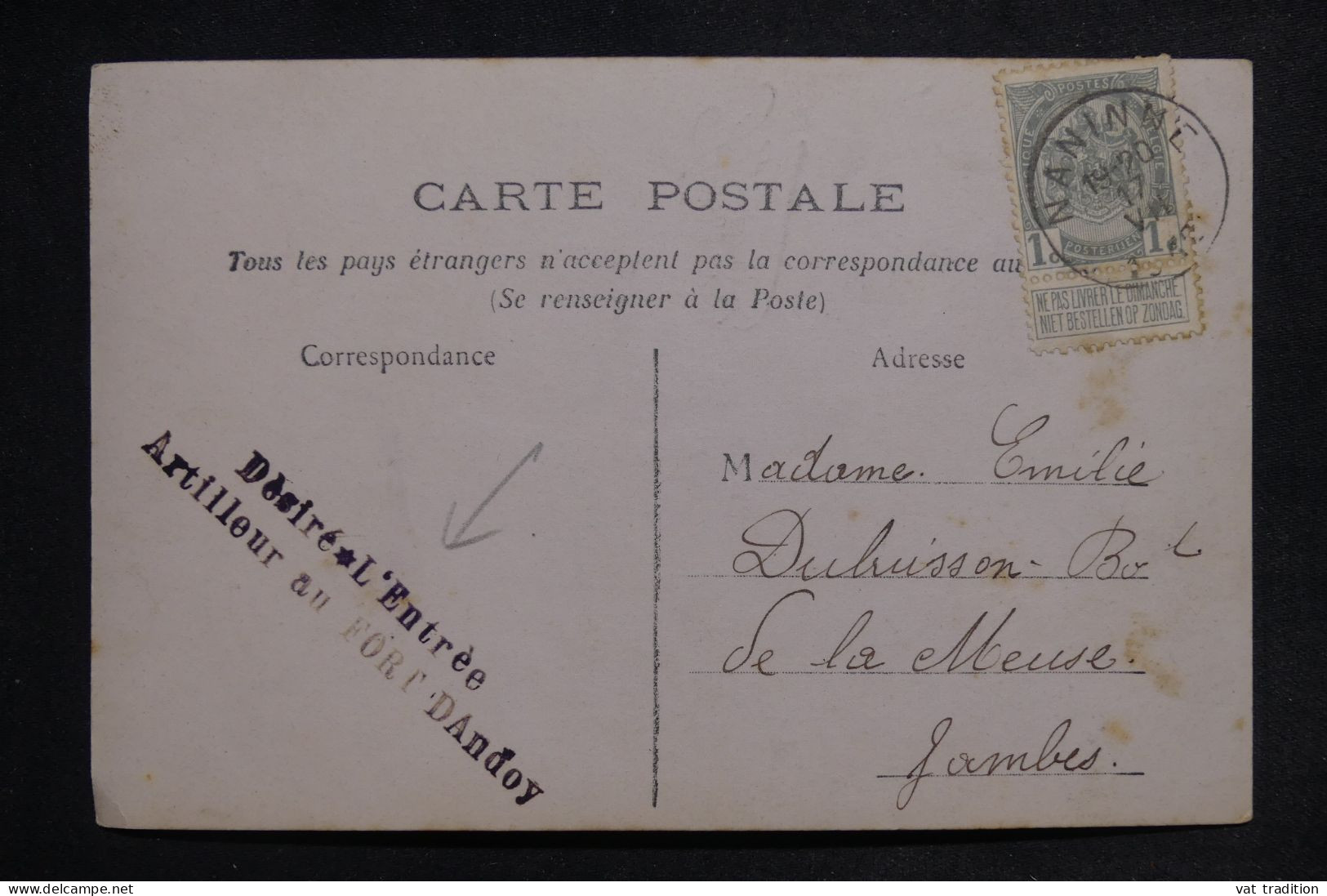 BELGIQUE - Griffe D'un Artilleur Du Fort Dandoy Sur Carte Postale En 1917 Pour Jambes  - L 150748 - Armée Belge