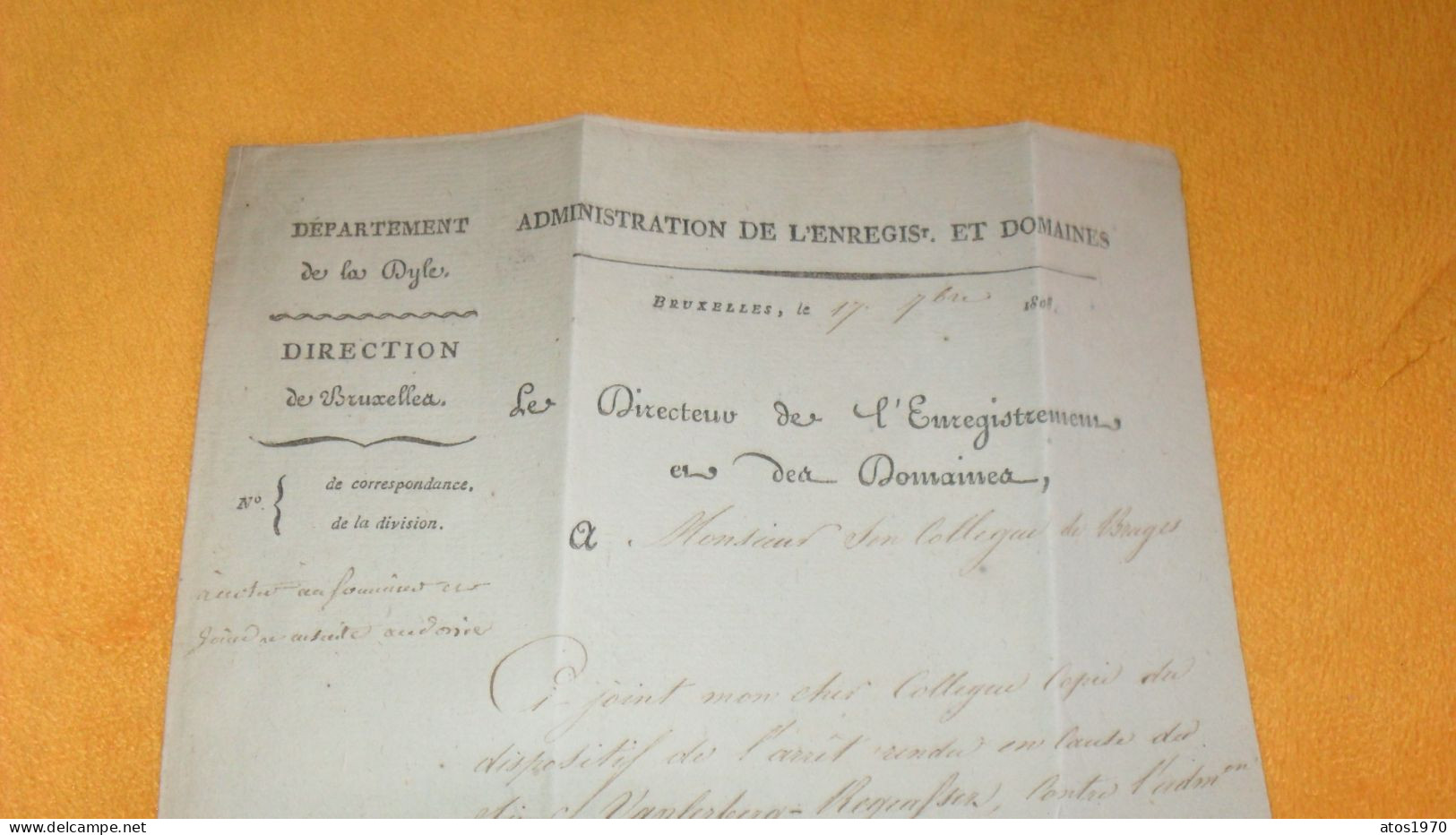 LETTRE ANCIENNE DE 1808../ DEPARTEMENT DE LA DYLE..ADMINISTRATION DE L'ENREG..MARQUE ROUGE 24 BRUXELLES POUR BRUGES + TA - 1794-1814 (Periodo Francese)