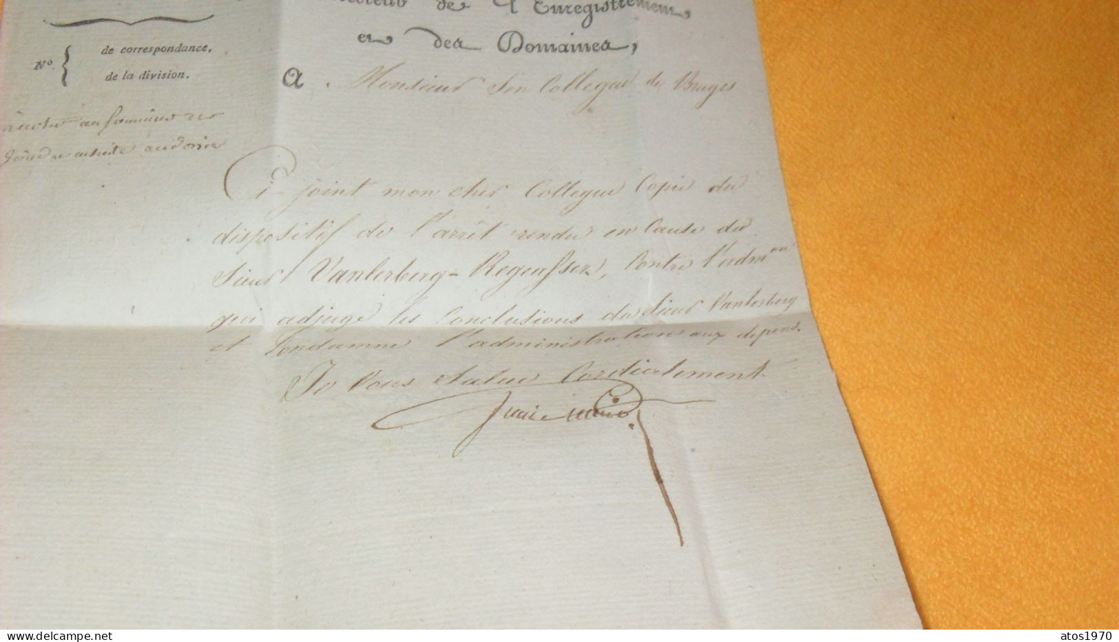 LETTRE ANCIENNE DE 1808../ DEPARTEMENT DE LA DYLE..ADMINISTRATION DE L'ENREG..MARQUE ROUGE 24 BRUXELLES POUR BRUGES + TA - 1794-1814 (Période Française)