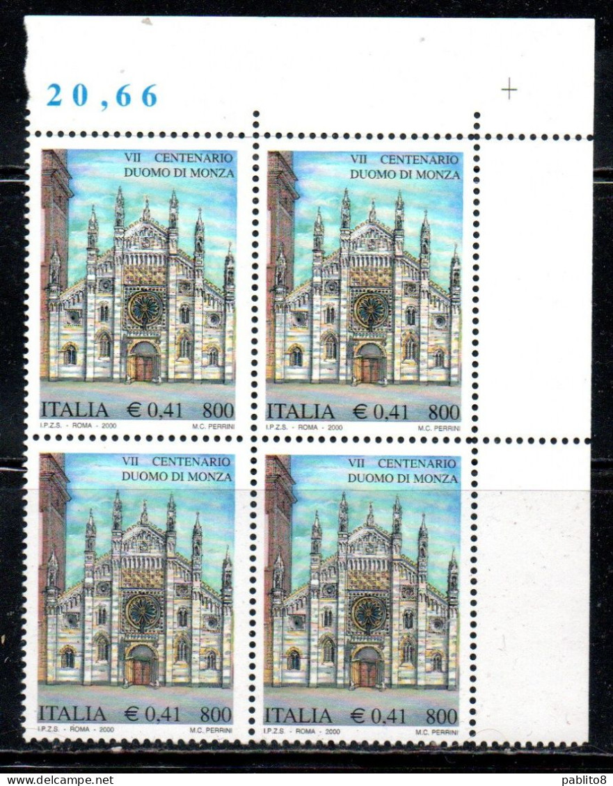 ITALIA REPUBBLICA ITALY REPUBLIC 2000 DUOMO DI MONZA DOME LIRE 800 € 0,41 QUARTINA ANGOLO DI FOGLIO MNH - 1991-00: Neufs